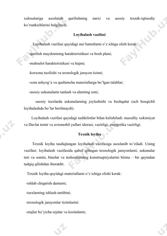 nda reja va kesim chizmalariga detallashtirilgan chizmalar to’zilib ularda aloxida qismlarning (imorat, inshoat, turli konstruqtsiyalar fundamentlar va uskunalar) aniq o’lchamlari ko’rsatilgan chizmalari beriladi. detallashtirilgan chizmalar yanada yirikroq masshtabda bajariladi (1:20 ; 1:10). namunali loyiha namunali loyiha bir turdagi korxonalarni qurish uchun ishlab chiqiladi. namunaviy loyihani ishlab chiqishda eng ilg’or progressiv tizimlar, yangi zamonaviy qurilma va jixozlardan foydalaniladi. namunaviy loyihalarni qo’llashda ularni mavjud joylardagi shart-sharoitlarga bog’langan xolda bajariladi. texnologik loyihalash usullari texnologik jarayonlarni loyihalashda ilg’or texnologik sxemalarni loyihalanayotgan korxona tizimiga kiritish nazarda tutiladi. texnologik loyihalash usullari quyidagi asosiy ikki yunalishdan tashkil topadi: 1.yangi korxonalarni loyihalash; 2.mavjud, ishlab turgan korxonalarni rekonstruktsiyalab loyihalash. yangi korxonalarni loyihalash, yuqoridagi ma’ruzalarda aytilganidek, 2 yoki 3 bosqichda bajarilib, xom ashyo zaxirasi yetarli bo’lganda yoki axoli extiyojini kondirish maqsadida bajarilsa, korxonalarni rekonstruktsiyalab loyihalash quyidagi maqsadlarda bajariladi: 1.korxonaning unumdorligini oshirish; 2.loyihalashda bu ikkala vazifa ko’pchilik xollarda mujassamlanadi. korxona unumdorligini oshirish mavjud ishlab turgan korxonaning unumdorligi yetishtirilayotgan xom ashyoni to’liq …