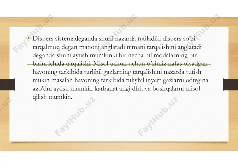 enziyalar yani loyqa suvlar emolsiyalar emolsiya ikkita bir birida erimaydigan suyuqlikni bir biri bilan aralashishi misol uchun yog’ bilan suv agarda ikkalasini birhil miqdorda bir idishga quyadigan bo’lsak buyerda suspenziya hosil bo’lganini ko’rishimiz mum kin. etiboringuz uchun rahmat !