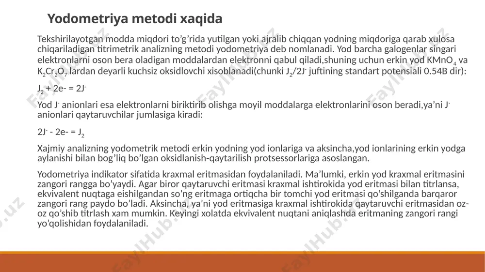 . yodometrik usulda mis(ii) ionini aniqlashdan olinadigan natijaning to’g’riligi elektrokimyoviy metodikadan qolishmaydi. mis(ii) kationlarining yod anionlari bilan ta’sirlashi quyidagi tenglama bilan ifodalanadi: 2cuso4 + 4j- = 2cuj + j2 yoki molekulyar formada xam ifodalanishi mumkin. tenglamadan ko’rinib turibdiki,mis ionlari yod ionlaridan bittadan electron qabul qilib,mis ionlarigacha qaytariladi va ekvivalent miqdoridagi yod ionlari esa erkin yodgacha oksidlanadi. xosil bo’lgan erkin yodni natriy tiosulfat eritmasi bilan titrlash orqali eritmadagi mis ioni miqdori aniqlab olinadi. mis qiyin eriydigan mis (i)-yodid xolida cho’kmaga tushadi.bu qaytar reaksiya kerakli darajada to’liq borishi uchun kaliy yodiddan mo’l miqdorda olinishi kerak. mis (ii) kationining tuzlari suvli eritmalarida oson gidrolizlanadi,bunga yo’l qo’ymaslik uchun reaksiyani kuchsiz kislotali muxitda olib borish kerak. analizning bajarilishi.misning oksidlash ekvivalent massasi uning atom massasi (63.54gr) gat eng va mis kuporosining oksidlash ekvivalenti uning molekulyar massasi (249.7) ga tengligini hisobga olib,analitik tarozida mis kuporosidan shunday miqdorda tortib olinadi, uni 250ml sig’imli kolbada eritganingizda tahminan 0.02n eritma …