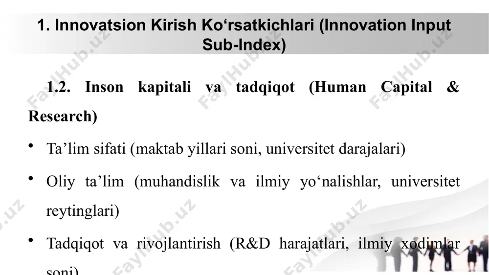 inash foydalanuvchilar fikrini o‘rganish (beta testing, pilot dasturlar) mahsulotni sertifikatsiya qilish va muvofiqlik tekshiruvi takomillashtirish va optimallashtirish 5. ishlab chiqarish (manufacturing & scaling up) ommaviy ishlab chiqarish jarayonini yo‘lga qo‘yish yetkazib berish zanjiri va logistika tizimini tashkil etish ishlab chiqarish samaradorligini oshirish mahsulot narxini belgilash va iqtisodiy modelni tekshirish 6. bozorga chiqarish va marketing (market launch & commercialization) marketing strategiyasini ishlab chiqish reklama va brendni targ‘ib qilish savdo tarmoqlari orqali tarqatish foydalanuvchi tajribasini doimiy monitoring qilish 7. innovatsiyani doimiy takomillashtirish (post-launch improvement & scaling) mijozlarning fikr-mulohazalarini o‘rganish mahsulotni yangilash va yangi versiyalarni ishlab chiqish raqobatchilar bilan taqqoslash va innovatsion yangiliklar kiritish mahsulotni yangi bozor segmentlariga kengaytirish image2.png image3.png image4.png image5.png image6.png image1.jpeg /docprops/thumbnail.jpeg