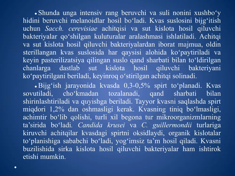moddalar, shu bilan bir qatorda mikroelementlar ham kiradi un tarkibida har vaqt birqancha miqdorda turli xil mikroorganizmlar uchraydi. bundan tashqari mikroorganizmlar yana atrof muhitdan qoʻshimcha boʻlib xamirga ham tushadi. xamirni achitishda (oshishida) achitqilar va sut achituvchi bakteriyalar muhim rol oʻynaydi, xamirda bular uchun hamma kerakli sharoitlar: namlik (40-50%), kam miqdorda molekula holidagi kislorodva yetarli oziq moddalari mavjud. mikrobiologik jarayonlar va ular bilan bogʻliq boʻlgan xamirdagi biokimyoviy oʻzgarishlar nonni sifatini, boʻrsildoqligini, rangini, mazasini va xushboʻyligini aniqlab beradi. buqdoy unidan xamir tayyorlanayotganda, odatda, non pishirishda qoʻllaniladigan zichlangan achitqidan foydalaniladi. ularni maxsus achitqi zavodlarida ishlab chiqariladi: oziq muhiti sifatida asosan melassadan hamda kerakli boshqa moddalardan foydalaniladi. achitqi aeratsiya sharoitida oʻstirilgandan keyin separatsiya qilinib, oziq muhitidan ajratiladi, yuviladi va zichlanadi. ularning namligi 75% ni tashkil qiladi, shuning uchun ularni uzoq muddatga saqlab boʻlmaydi. non pishiriladigan achitqi tayyorlash uchun yuqori darajada bijgʻituvchi, tez oʻsadigan achitqi rasasidan foydalaniladi. ular katta hujayraga (eng kamida 7,0 x 11,0 …