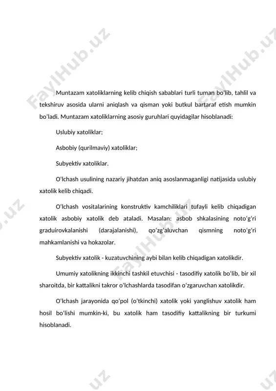 g bog‘lovchi funksiyadan farq qilishi; - saralash va tayyorlashda hosil bo‘ladigan xatoliklar; uslubiy xatolik ba’zida nazariy xatolik deb ham yuritiladi. asbobiy (qurilmaviy) xatoliklar - ishlatiladigan o‘lchash vositalarining xususiyatlari ideal bo‘lmagan taqdirda hosil bo‘ladi: -o‘lchash vositasining konstruktiv kamchiliklaridan; -o‘lchash vositasini tayyorlash texnologiyasining mukammal emasligidan; -alohida elementlarni eskirishi va yeyilishidan; -o‘lchash vositalarining asosiy va qo‘shimcha xatoliklaridan; -o‘lchash vositalarining inersionli xususiyatlaridan; -darajalash xatoligi yoki shkalaning siljishidan; -o‘lchash vositasining o‘lchash obyekti bilan o‘zaro ta’sirlashuvidan; -o‘lchash informatsiyasini uzatishda va boshqa faktorlar ta’sirida hosil bo‘ladigan xatoliklar; subyektiv xatoliklar kuzatuvchining induvidual xususiyatlariga bog‘liq bo‘lib, uning o‘lchash texnikasi bo‘yicha bilimiga, qator uning fiziologik faktorlariga, masalan, uning sezish tezligiga, qanchalik tez sezishiga, rang qabul qilish, ko‘rish, eshitish kabi qobiliyatining o‘tkirligiga bog‘liq. subyektiv xatolik bundan tashqari operatorning o‘lchash vositasiga va o‘lchash obyektiga ta’siridan sodir bo‘lishi mumkin (temperatura maydonining o‘zgarishi, mexanik ta’sirlar va boshqalar). bu guruh xatoliklariga quyidagilar kiradi: - shkala va diagrammadan o‘lchanadigan kattalik qiymatini sanashdagi xatoligi; - maxsus texnik …