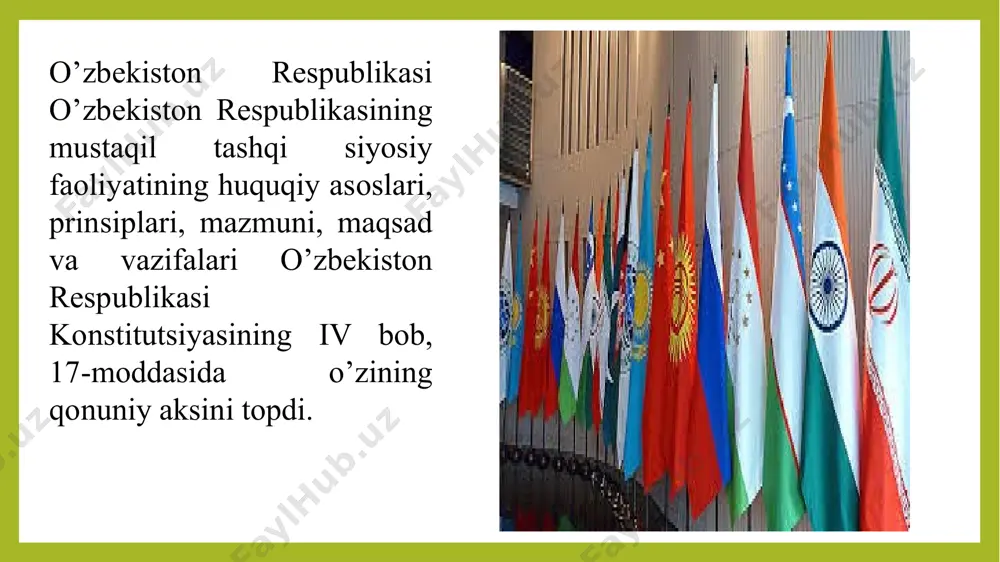 ushgan jinoyatchilikka qarshi kurash; mudofaa siyosatida hamkorlik qilish; tashqi chegaralarni qo’riqlashda birgalikda faoliyat yuritish. shimoliy alyans harbiy bloki (nato) tichlik, xavfsizlik va barqarorlikni mustahkamlash maqsadida tuzilgan xalqaro harbiy siyosiy tashkilot shtab-kvartirasi belgiya, bryussel shahri a'zolari 28 a'zo davlatlar: (aqsh, angliya, fransiya, germaniya, italiya, ispaniya, turkiya, kanada, polsha, portugaliya, daniya, islandiya, albaniya, sharqiy yevropa, bo’ltiq bo’yi davlatlari) rasmiy tillari ingliz, fransuz tillari bosh kotib anders fog rasmussen (daniya) tashkil etilgan sanasi 1949-yil 4-aprel o’zbekiston respublikasi nato ning kollektiv xavfsizlikni ta’minlashga qaratilgan “tinchlik yo’lida hamkorlik” loyihasini 1994 - yilning iyulida imzoladi hamda 1995- yilning iyul oyida ushbu dasturga qo’shildi. shanxay hamkorlik tashkiloti tichlik, xavfsizlik va barqarorlikni mustahkamlash, o’zaro savdo-iqtisodiy hamkorlikni rivojlantirish maqsadida tuzilgan xalqaro regional tashkilot shtab-kvartirasi pekin, xxr a’zolari 6 a’zo davlatlar: (qozog’iston, qirg’iziston, rossiya, tojikiston, o’zbekiston, xitoy) 5 kuzatuvchi davlatlar: (hindiston, eron, mo’g’uliston, pokiston, afg’oniston) rasmiy tillari rus, xitoy ijro etuvchi sekretari bolat nurgaliev generalniy sekretar мезенцев дмитрий федорович tashkil …