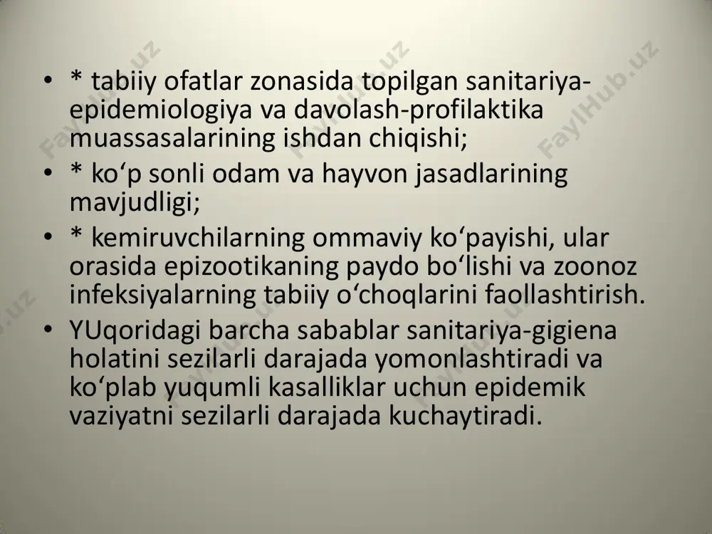 bartaraf etish chora-tadbirlari majmuidir. • epidemiyaga qarshi choralar ikki guruhga bo‘linadi: • * yuqumli kasalliklar kelib chiqishi va tarqalishining oldini olish chora-tadbirlari; • * favqulotda vaziyatda aholi o‘rtasida epidemiya o‘choqlarini bartaraf etishga qaratilgan chora-tadbirlar. • epidemiyaga qarshi asosiy choralar quyidagilar: • * bir shahar atrofi hududida tarqatish va evakuatsiya aholisi joylashtirish taklif joylarda sanitariya- epidemiologiya tergov; • * epidemiologik nazorat, shu jumladan aholi punktlarining sanitariya-epidemiologik holatini o‘rganish; • * yuqumli bemorlarni o‘z vaqtida aniqlash, ularni izolyasiya qilish va kasalxonaga yotqizish; • * patogenlar tashuvchilarini va yuqumli kasalliklarning surunkali shakllariga chalingan shaxslarni ro‘yxatga olish va reabilitatsiya qilish; • * vaksinalar, sarumlar, antibiotiklar va turli xil kimyoviy moddalar yordamida yuqumli kasalliklarning oldini olish; • * vektor orqali yuqadigan kasalliklar va kemiruvchilarni nazorat qilish. • favqulotda vaziyatning sog‘liq uchun oqibatlari bo‘yicha eng qiyin vaziyat aholi orasida yuqumli kasalliklarning epidemik o‘choqlari paydo bo‘lganda yuzaga keladi. ular quyidagi xususiyatlar bilan ajralib turadi: • * qurbonlar …