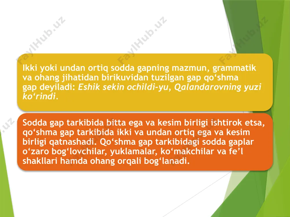 sh gap bosh gap tarkibidagi olmosh bilan ifodalangan to‘ldiruvchini (shuni) izohlayapti. ergash gap bosh gapdan oldin, undan keyin yoki uning ichida kela oladi: o‘qituvchi, qo‘ng‘iroq chalingach, sinfga kirdi. bu gapda ergash gap bosh gap ichida qolgan. ergash gaplar bosh gaplarga chunki, shuning uchun, -ki, agar, garchi, mabodo, go‘yo(ki) (ayrim darsliklarda go‘yo bog‘lovchisi bog‘lovchi vazifasidagi so‘z deb atalgan) kabi ergashtiruvchi bog‘lovchilar, fe’lning ravishdosh, sifatdosh, harakat nomi shakllari, shuningdek, yuklama, ko‘makchilar, ko‘makchili qurilmalar (shuning uchun, shu sababli, shu tufayli), turli vazifadagi ko‘rsatish olmoshlari, kim – u, qanday – shunday, qancha – shuncha, qaysi – o‘sha, qayerda – u yerda kabi bir-biriga ishora ma’nosini bildiradigan so‘roq olmoshlari va ko‘rsatish olmoshlaridan iborat nisbiy so‘zlar, sababli, tufayli, deb so‘zlari orqali bog‘lanadi: 1) biz kitobni sevamiz, chunki u bilim manbaidir. 2) hosil to‘kin bo‘lsa, to‘ylar to‘xtamas. bog‘lovchisiz qo‘shma gaplar maxsus bog‘lovchi vositalarsiz, asosan ohang yordamida birikkan sodda gaplardan tuzilgan qo‘shma gaplar bog‘lovchisiz qo‘shma gaplar deyiladi. bunday …