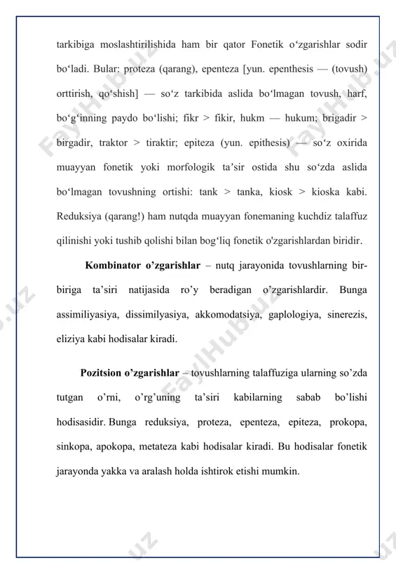 o‘zbek tilidagi ba`zi affikslar tarixiy jihatdan har xil bo‘lgan: -gil, -ғil, -qil, -kil, -gali, -ғali, -kali, -qali shaklida yozilgan va shunday talaffuz etilgan g-k-q tovushlari almashinuvi ana shunday tarixiy jihatdan shakllangan alternatsiyaga kiradi. ingliz tilida so‘zlarning o‘zagida kelgan unlilarning almashuvi birqancha feql shakllarini yasashda qo‘llanadi va tarixiy assimilatsiyaga misol bo‘la oladi: /i: /e/ e/ - feed, fed, fed - "boqmoq" (/i: /e/ e/ — feed, fed, fed — "boqmoq"), /i: /l/ /l/ - vin, von, von (win, won, won) - "yutmoq (o‘yinni)" kabi. tovushlar almashuvi natijasida so‘z turkumlari, so‘zlarning grammatik shakllari va boshqalarni farqlash mumkin. tovushlar almashuvi faqat adabiy tilga xos bo‘lmay, balki shevalarda juda ko‘p uchraydi. xususan, a/ e, i /e tovushlar almashuvi turkiy tillari shevalarida otlarning ko‘plik affikslarida uchraydi. o‘zbek tili va uning shevalarida bunday tovush almashuvi quyidagicha bo‘ladi: adabiy tilda: otlar - itlar; o‘zbek shevalarida: atlar - iytlar / iytlar, atlar - itlar /itler, etler; qozoq tilida: …