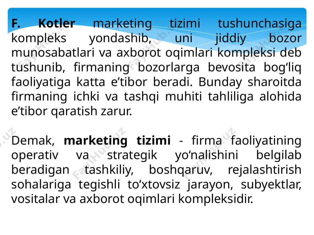 lmagan ishtirokchilaming piramida tuzilmasini o ‘z ichiga oladi, ular piramidada yoki ular ostida bo‘lgan odam sotuvni amalga oshirganda pul to‘lashadi. tarmoqli marketing mahsulot ishlab chiqaruvchi tomonidan beriladigan mukofot evaziga distribyuterlar va sotish tizimini tashkil etish demakdir. asosiy ish ko‘rsatkichi natijasi bo'lib sotish hajmi hisoblanadi. tarmoqli marketing orqali tovar sotish, oddiy tovar sotishdan farq qiladi. mazkur tizimda ishlash uchun eng avvalo tovar xususiyatlarini chuqur va mukammal bilish talab etiladi yoki oldin o‘zi xarid qilib iste’mol qiymatini sinab ko‘rish lozim. tarmoqli marketing tizimida, birinchi navbatda, tanishlarga va qarindoshlarga sotishdan boshlanadi. neyromarketing-- tijorat marketing kommunikatsiyalari sohasi bo‘lib, marketing tadqiqotlarini o ‘tkazishda, iste’molchilarni bilishni va marketing stimullariga javobini o‚rnatishda neyropsixologiyani qoilaydi. neyromarketing iste’molchilar xarid qilish qarorlari va ularning marketing stimullariga bo‘lgan javoblarini tushunishga intiladi. marketologlarga potensial foyda yanada samarali marketing strategiyalarini shakllantirish, kamroq mahsulot va kompaniya muvaffaqiyatsizligi, odamlarning real xohish va istaklariga mos mahsulotlarni taklif qilishni o ‘z ichiga oladi. neyromarketing, benchmarketing, innovatsion marketing …