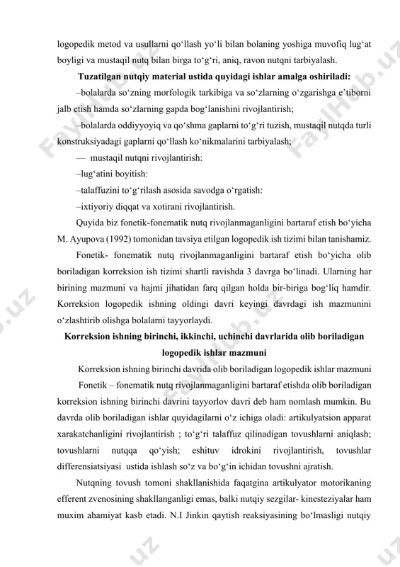 i rivojlantirish, tovushlar differensiatsiyasi ustida ishlash so‘z va bo‘g‘in ichidan tovushni ajratish. nutqning tovush tomoni shakllanishida faqatgina artikulyator motorikaning efferent zvenosining shakllanganligi emas, balki nutqiy sezgilar- kinesteziyalar ham muxim ahamiyat kasb etadi. n.i jinkin qaytish reaksiyasining bo‘lmasligi nutqiy organlar xarakati mashqlari uchun tajriba to‘planishini to‘xtadi deb ta’kidlagan. qaytish reaksiyalarining (kinesteziya) kuchayishi nutqning o‘zlashtirishni tezlashtiradi va yyengillashtiradi. harakat – kinestetik aloqalarni rivojlantirish uchun tovush talaffuzi vaqtida artikulyator organlar holatini aniqlovchi maxsus mashqlar bajartiriladi. mashqlarni bajarish jarayonida bolalarning diqqati doimo kinestetik sezgilarga qaratiladi. artikulyator harakatlarning kinestetik asosini shakllantirish turli xil mashqlarni bajarish jarayonida amalga oshiriladi, lablar holatini aniqlash, til uchi tor va kengligini ajratish va .x.k. artikulyatsion apparat xarakatchanligini shakllantirish bo‘yicha logopedik ishlar quyidagilarni o‘z ichiga oladi: 1. artikulyator motorikani rivojlantirishga harakatlar hajmini ko‘paytirishga yo‘naltirilgan, artikulyatsion apparat organlari harakatchanligini, kuchini, aniq harakatini, artikulyator organni kerakli holatda ushlab tura olish ko‘nikmalarini rivojlantirishga oid statik mashqlar. 2. bir vaqtda va ketma – ket bajarilayotgan …