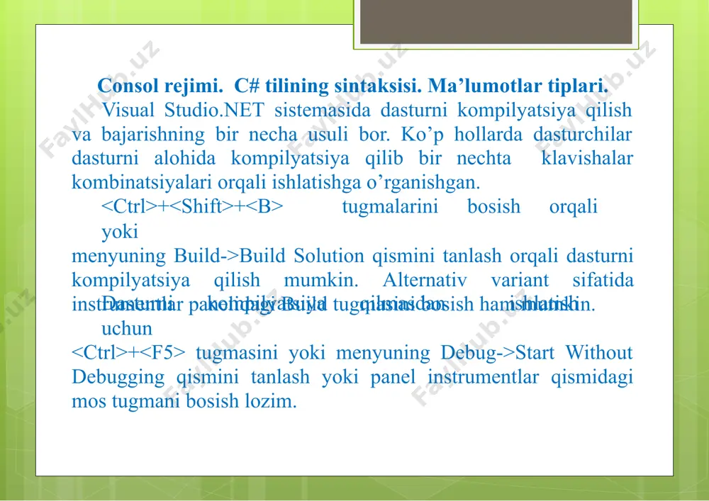 ali masalalarda chiqarish amalga oshirilmaydi), lekin kiritish va chiqarish oqimlarini o’zgartirish mumkin. consol bilan ishlashda asosan 4 metod ishlatiladi: read, readline, write, writeline, birinchi ikkitasi kiritish, qolgani chiqarish metodlari hisoblanadi. c# dasturlash tilining alfaviti quyidagilardan iborat. alfavit (yoki lite-rallar yig’indisi) c# tilida ascii kodlar jadvali bilan birgalikda quyidagi belgilarni o’z ichiga oladi: -lotin harflari; -0 dan 9 gacha raqamlar; -“_” belgisi (harf sifatida hamishlatiladi); -maxsus belgilar to’plami : {}, 1 [] +-% /\; : ^ ? <> = ! & # ~ *; -boshqa belgilar. c# alfaviti so’zlarni tuzishda xizmat qiladi, ya’ni leksemalarni tuzishda. leksemalarning 5 turi bor: -identifikator -kalit so’z -amallarbelgilari -literallar -ajratuvchilar deyarli barcha leksemalar o’zining tuzilishiga ega.ular ko’p alfavitlidir. kalit so’zlar va nomlar.quyidagi ro’yxatda c# tilining kalit so’zlari va nomlari berilgan bo’lib, dastur tuzilishi paytida ularni boshqamaqsadda ishlatish (masalan o’zgaruvchi nomini inisializatsiya qilishda) mumkin emas. 1-jadval. kalit so’zlar va nomlar. c# tilida boshqa tillarda bo’lgani kabi dasturning …