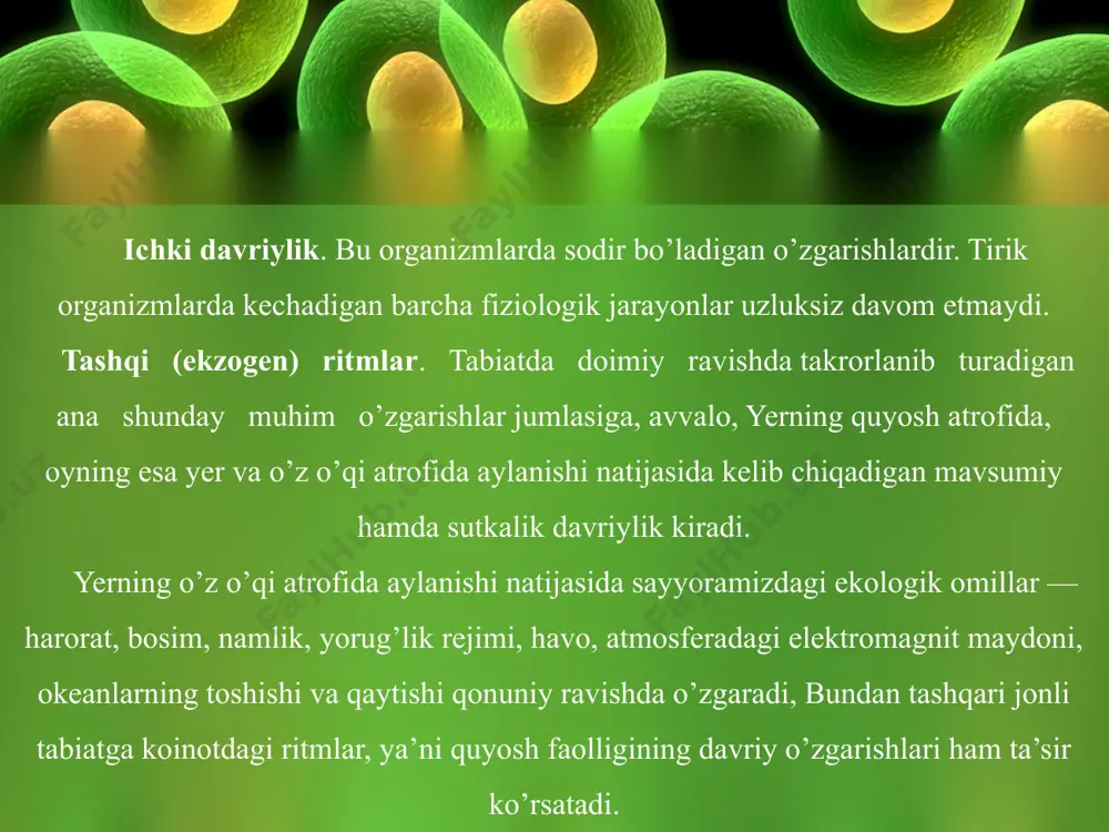 nida ham shu ahvol kuzatiladi. sutkalik o’zgaruvchanlik ko’pchilik hayvonlarda faqat harakatlanish faolligiga ta’sir ko’rsatib, fiziologik xususiyatlariga uncha ta’sir ko’rsatmaydi. masalan, kemiruvchilarda xuddi shunday holat kuzatiladi, fiziologik faoliyatla-rining o’zgarishi (aniqroq) yer qavatlarida seziladi. yozda kunduzgi paytda ularning ko’pchiligi o’zlarini poykilotermik hayvonlar kabi tutadilar. ularning tana haroratlari muhim haroratiga teng bo’ladi, nafas olishi, tomir urushi, sezgi a’zolarining ta’sirlanishi juda past bo’ladi. ayrim turlarning faol faoliyati sutkaning ma’lum paytlariga to’g’ri keladi, boshqalarida sharoitga qarab o’zgarishi mumkin. masalan, shafran o’simligi gulining ochilishi haroratga bog’liq. kungaboqar o’simligining savatchasi esa bulutli kunlarda ochilmaydi. cho’l zonasida tarqalgan hayvonlarning faol faoliyatlari sutkaning har xil vaqtiga to’g’ri keladi, bu asosan shu yerdagi harorat va namlik bilan bog’liqdir. ichki (endogen) sutkalik ritmni tashqi (ekzogen) ritmdan farkini tajriba orqali isbotlash mumkin. ko’pchilik turlar yoruglik, namlik, harorat, ozuqa va boshqalar doimo bo’lganida uzoq vaqt davom etuvchi rivojlanish sikllarini sutkalik davrga yaqinlashtiradilar. masalan, meva pashshasida ana shunday ichki (endogen) ritm bir qancha o’nlab …