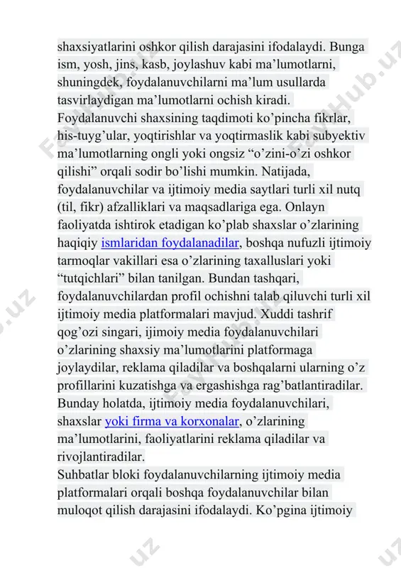 tlar o’rnatish istagini uyg’otishi ijtimoiy media platformasining funksional maqsadiga bog’liq. masalan, ba’zi ijtimoiy media platformalarining obyekti rasm bo’lsa, ba’zi platformalarniki qo’shiq, ba’zilariniki esa kasblar hisoblanadi. mavjudlik. ushbu blok ijtimoiy mediada foydalanuvchilar boshqalarning mavjudligini bilish darajasini belgilaydi. bu insonlarning mediada mavjud yoki yo’qligi hamda virtual dunyoda va/yoki real dunyoda qayerdaligini bilishni o’z ichiga oladi. virtual dunyoda bunday holat “mavjud” yoki “yashirin” kabi qatorlari orqali sodir bo’ladi. harakatda odamlarning ulanishi ortib borayotganligi hisobiga, mavjudlik funksiyasi haqiqiy va virtual hayotni bog’laydi. ba’zi mavjudlikka asoslangan platformalarda foydalanuvchilar o’zlari borgan lokatsiyani belgilashlari va bu orqali ularga ergashuvchilar ularni oson topishlari mumkin. ayrim ijtimoiy media platformalari aynan lokatsiyani emas, balki, foydalanuvchilar yashaydigan geografik makonni o’z ichiga oladi. ba’zi platformalar esa foydalanuvchining platformadagi “onlayn” holatini ham mavjud geolokatsiyani ham aks ettirmaydi. bundan tashqari, mavjudlik funksional bloki suhbatlar bloki bilan juda bog’liq hisoblanadi. mavjudlik bloki bor ijtimoiy media platformalarida suhbatlar bloki oshishining ehtimoli juda yuqori hisoblanadi. munosabatlar. munosabatlar …