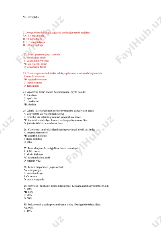 tiyjeli sorılıwın taminleydi : a. foli kislotası b. xlorid kislotası *c. α-aminokislota serin d. vitamin v12 28. temiri preparatlari jaqsı sorıladı: *a. ash qarınǵa b. awqattan keyin s sút menen d. awqat waqtında 29. ferbitoldı bulshıq et ishine kiritilgende 12 saatta qansha protsenti sorıladı: a. 10% *b. 85% c. 20% d. 50% 30. ferkovennıń qansha protsenti tamır ishine jiberilgende ózlestiriledi: *a. 90% b. 10% c. 50% d. 60% 31. temirdi parenteral kiritiliwinen keyin eritrotsitlerde qansha waqıtta anıqlanadı : a. bir saat ishinde b. 2-3 saatda *c. 12-24 saatda d. 30 minutda 32. temir preparatlarini parenteral jiberiw ushın kórsetpe: a. arterial gipotenziya *b. enterittiń awır keshiwi c. taxikardiya d. pankriatite 33. temir preparatların parenteral jiberiw ushın kórsetpe: a. ishqatıw b. arterial gipotenziya c. taxikardiya *d. jaralı kolit 34. temir preparatların parenteral jiberiw ushın kórsetpe: a. júrek jetispewshiligi b. xoletsistittiń kúsheyiwi *c.peptik jaranıń kusheyiwi d. arterial gipertenziya 35. temir preparatların parenteral jiberiw …