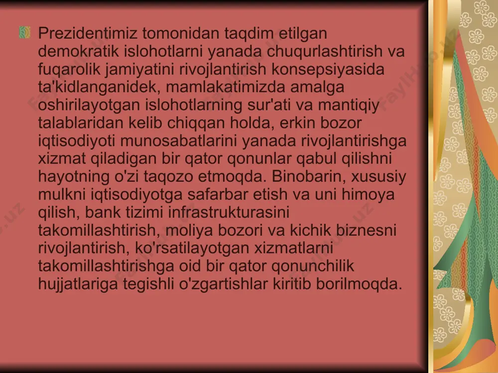 ti bilan o‘ziga ishonib topshirilgan yoki ma’lum bo‘lib qolgan bank sirini tashkil etuvchi ma’lumotlarni oshkor qilishi, shuningdek mazkur ma’lumotlardan shaxsiy maqsadda yoki uchinchi shaxslarning manfaatlari yo‘lida foydalanishi, uchinchi shaxslarga bunday foydalanish imkoniyatini bevosita yoki bilvosita, shu jumladan ana shunday ma’lumotlarni saqlash tartibini buzish oqibatida yaratib berishi taqiqlanadi. eʼtiboringiz uchun rahmat image7.png image8.png image9.png image10.png image11.jpeg image12.png image13.jpeg image14.jpeg image1.jpeg image2.wmf image3.png image4.png image5.png image6.png /docprops/thumbnail.jpeg