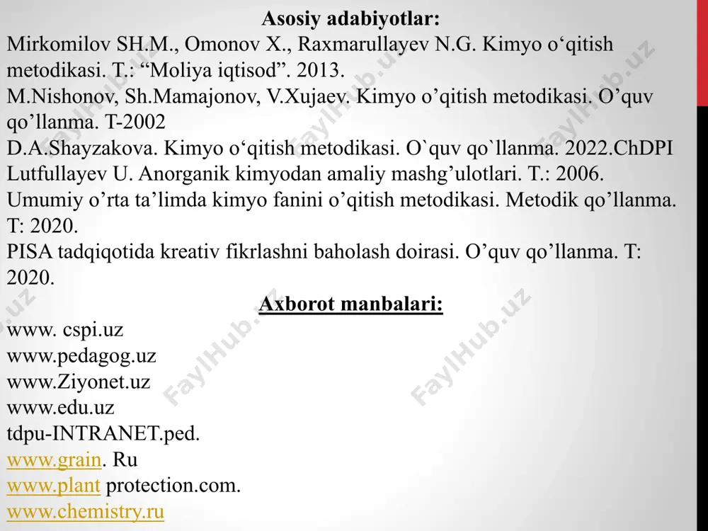 kerakli hajmda dalillarni tanlash; - kimyo dars berish usullarini tanlash; o’quvchilarning bilimini oshirishda o’qituvchi faoliyati orqali kitob, kino, radio, televizor va boshqa vositalardan foydalanishni o’quvchilarga o’rgatish. – kelajagi buyuk mustaqil o’zbekistonimiz uchun o’quvchilarni hozirgi zamon kimyo fani asoslarini ongli ravishda va puxta o’zlashtirishga erishishi; – o’quvchilarni kimyoning atrofdagi tabiatni izohlab berish va undan foydalanish uchun zarur bo’lgan ilmiy asoslari bilan tanishtirish; – o’quvchilarda tabiatga to’g’ri, materialistik nuqtai nazardan qarash xususiyatlarini hosil qilishga alohida e’tibor berish; – o’quvchilarni ilmiy bilishning vositalaridan biri bo’lgan kimyoviy eksprimentdan foydalana oladigan qilib tarbiyalash; – o’quvchilarni mehnatga o’rgatish-ularni kelgusi amaliy faoliyatga tayyorlash zarurdir; – o’quvchilarni kimyo faniga nisbatan qiziqishlarini yanada orttirish; – o’quvchilarni mustaqil ravishda izlanuvchanlikka va bilim olishga o’rgatish; – o’quvchilarda kundalik turmushda, hayotda bo’ladigan o’quv va malakalarini hosil qilish; – o’quvchilarning qo’lidan keladigan ijtimoiy foydali ishga jalb qilish; – kimyo fanining hayotimizdagi ahamiyatini tushuntirish; – jismoniy baquvvat, aqlan yetuk insonlar darajasiga etqazish; – elementlar …