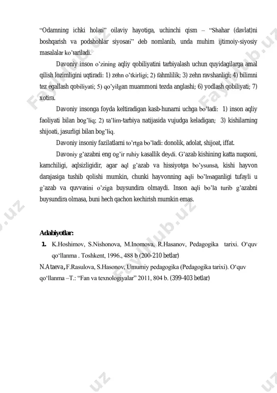 illariga tarjima qilingan. asar uch qismdan iborat. birinchi qism – axloq faniga, ikkinchi qism – ―odamning ichki holati‖ oilaviy hayotiga, uchinchi qism – ―shahar (davlat)ni boshqarish va podshohlar siyosati‖ deb nomlanib, unda muhim ijtimoiy-siyosiy masalalar ko‘tariladi. davoniy inson o‘zining aqliy qobiliyatini tarbiyalash uchun quyidagilarga amal qilish lozimligini uqtiradi: 1) zehn o‘tkirligi; 2) fahmlilik; 3) zehn ravshanligi; 4) bilimni tez egallash qobiliyati; 5) qo‘yilgan muammoni tezda anglashi; 6) yodlash qobiliyati; 7) xotira. davoniy insonga foyda keltiradigan kasb-hunarni uchga bo‘ladi: 1) inson aqliy faoliyati bilan bog‘liq; 2) ta‘lim-tarbiya natijasida vujudga keladigan; 3) kishilarning shijoati, jasurligi bilan bog‘liq. davoniy insoniy fazilatlarni to‘rtga bo‘ladi: donolik, adolat, shijoat, iffat. davoniy g‘azabni eng og‘ir ruhiy kasallik deydi. g‘azab kishining katta nuqsoni, kamchiligi, aqlsizligidir, agar aql g‘azab va hissiyotga bo‘ysunsa, kishi hayvon darajasiga tushib qolishi mumkin, chunki hayvonning aqli bo‘lmaganligi tufayli u g‘azab va quvvatini o‘ziga buysundira olmaydi. inson aqli bo‘la turib g‘azabni buysundira olmasa, buni hech …