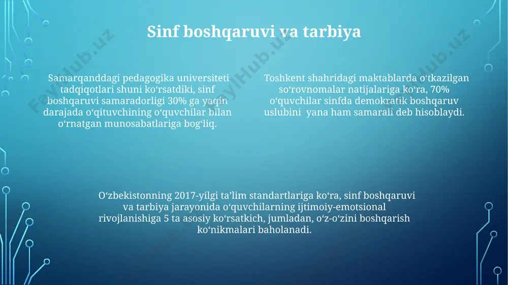 urchak shakli sifatida idrok qilish, gestalt qonunlarining amalda qo'llanilishini ko'rsatadi. diqqatning 3 turi mavjud: ixtiyoriy, ixtiyoriy bo'lmagan va keyingi diqqat. misol uchun, 5 yoshli bola o'yinchoqqa ixtiyoriy diqqat qaratadi, lekin kutilmagan tovush uni ixtiyoriy bo'lmagan diqqatga jalb qiladi. keyinchalik, u o'yinchoqqa qaytib, diqqatini jamlaydi. idrokning bir necha xususiyatlari mavjud, shu jumladan, aniqlik, to'liqlik va tezlik. masalan, samarqanddagi 10 ta rasmni 20 soniya ichida aniq idrok qilish, idrokning aniqligi va tezligini aks ettiradi. ijtimoiy-emotsional rivojlanish maktab yoshidagi bolalarning ijtimoiy-emotsional rivojlanishiga ta'sir etuvchi omillar orasida 70%i o'qituvchilarning munosabati va sinfning ijtimoiy muhiti, 30%i esa oilaviy omillar hisoblanadi, degan tadqiqot natijalari aqshning kaliforniya shtatidan olingan. ijtimoiy-emotsional rivojlanishning 5 yoshgacha bo'lgan bolalarda shakllanishi, ayniqsa, oila muhiti va 3 yoshgacha bo'lgan davrda ota-onalar bilan o'zaro munosabatlar orqali, buyuk britaniyaning tadqiqotlari shuni ko'rsatadiki, katta ta'sir ko'rsatadi. o'zbekistonda o'tkazilgan so'rovnomalar shuni ko'rsatdiki, 100 nafar o'quvchidan 60 nafari maktabdagi tengdoshlari bilan munosabatlarni ijtimoiy-emotsional rivojlanishning muhim omili deb hisoblaydi, …