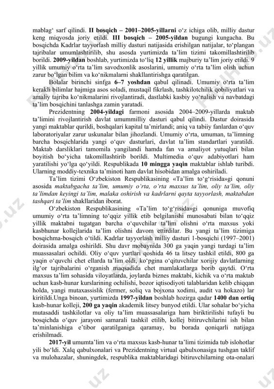 oshi, irqiy, milliy mansubligi, e’tiqodi, dinga munosabati, ijtimoiy kelib chiqishi, xizmat turi, ijtimoiy mavqeyi, turar joyidan qat’i nazar, har kimga bilim olishda teng huquqlar kafolatlandi. o‘zbekistonda ta’lim sohasidagi siyosati 1997-yil 29-avgustda qabul qilingan «ta’lim to‘g‘risida»gi yangi tahrirdagi qonun hamda kadrlar tayyorlash milliy dasturida o‘z aksini topdi. 1996–1997-o‘quv yilidan boshlab maktablarning birinchi sinfl arida o‘qish yangi alifboda olib borildi. yangi imlo, alifboda o‘qitish uchun zarur dastur, qo‘llanma va darsliklar yaratildi. kadrlar tayyorlash milliy dasturi 3 bosqichdagi islohotlar asosida amalga oshirildi. i bosqich – 1997–2001-yillarda dasturni amalga oshirish uchun zarur bo‘lgan huquqiy-me’yoriy, ilmiy-metodik, moliyaviy-moddiy shartsharoitlar yaratildi. buning uchun davlat tomonidan qo‘shimcha ravishda 65 milliard so‘m mablag‘ sarf qilindi. ii bosqich – 2001–2005-yillarni o‘z ichiga olib, milliy dastur keng miqyosda joriy etildi. iii bosqich – 2005-yildan bugungi kungacha. bu bosqichda kadrlar tayyorlash milliy dasturi natijasida erishilgan natijalar, to‘plangan tajribalar umumlashtirilib, shu asosda yurtimizda ta’lim tizimi takomillashtirilib borildi. 2009-yildan boshlab, yurtimizda to‘liq 12 yillik …