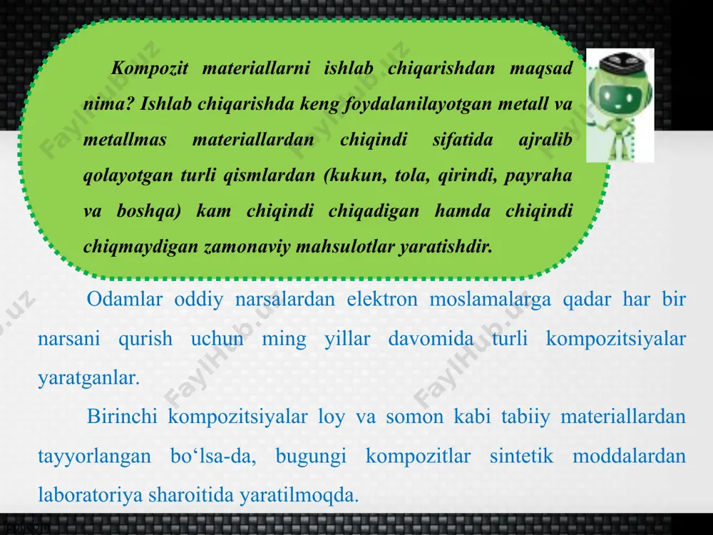 g to‘ldiruvchisi nomi bilan ham aytiladi. masalan, yog‘och, aluminiy, po‘lat, polimer, shisha tolali kompozitlar va hokazo (91-rasm). kompozit materiallar asosan 3 turga bo‘linadi (12-shakl). 12-shakl kompozit material turlari qatlamli kompozit materiallarda birinchi qatlam mustahkamlikni ta’minlasa, ikkinchisi korroziyaga qarshilik ko‘rsatadi. tolali kompozit materiallarda metall asos shisha tolalar va boshqa materiallar bilan mustahkamlanadi. dispersiyalangan (zichlangan) kompozit materiallar qiyin eriydigan zarralar bilan mustahkamlanadi. kompozit materiallar qanday tasniflanadi? kompozit materiallar tasnifi o‘ta murakkab emas. ular asosan biz bilgan metall va metallmas materiallardan tuzilgan bo‘ladi (13-shakl). 13-shakl kompozit materiallar tasnif metall kompozit materiallarning ishlash xususiyatlari, olovbardoshliligi, bikrligi, solishtirma mustahkamligi metall va metall qotishmalardan ustun turadi. polimer kompozit materiallarning o‘ziga xosligi shundan iboratki, ularning asosini, ya’ni matritsa vazifasini bajaruvchi har xil polimerlar (polietilen, polipropilen, polistirol va boshqalar) hosil qilib, bu asos tola, to‘qima, plyonka, shisha kabi metall va metallmaslar bilan mustahkamlanadi. keramika kompozit materiallarining tolalar bilan, shuningdek, metall va keramik dispersiyalangan zarralar bilan mustahkamlash, yuqori kuchli …