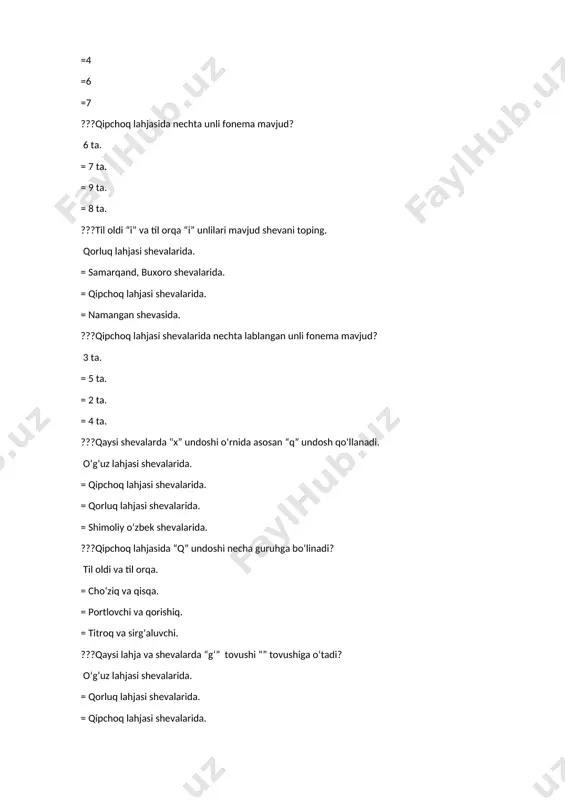 nema mavjud? 3 ta. = 5 ta. = 2 ta. = 4 ta. ???qaysi shevalarda “x” undoshi o‘rnida asosan “q” undosh qo‘llanadi. o‘g‘uz lahjasi shevalarida. = qipchoq lahjasi shevalarida. = qorluq lahjasi shevalarida. = shimoliy o‘zbek shevalarida. ???qipchoq lahjasida “q” undoshi necha guruhga bo‘linadi? til oldi va til orqa. = cho‘ziq va qisqa. = portlovchi va qorishiq. = titroq va sirg‘aluvchi. ???qaysi lahja va shevalarda “g‘” tovushi “” tovushiga o‘tadi? o‘g‘uz lahjasi shevalarida. = qorluq lahjasi shevalarida. = qipchoq lahjasi shevalarida. = samarqand, buxoro shevalarida. ???qaysi shevalarda “t” tovushining “q” tovushiga o‘tish kuzatiladi? samarqand, buxoro shevalarida. = andijon, farg‘ona shevalarida. = o‘g‘uz lahjasi shevalarida. = qipchoq lahjasi shevalarida. ???ag‘on so‘zida qaysi tovush tushgan va bu holat qaysi shevalarga xos? o‘g‘uz lahjasiga xos, “r” tovushi tushgan. = qipchoq lahjasi xos, “l” tovush tushgan. = qorluq lahjasiga xos, “s” tovushi tushgan. = qarshi shevasiga xos, “t” tovushi tushgan. ???so‘z oxirida q, g‘, …