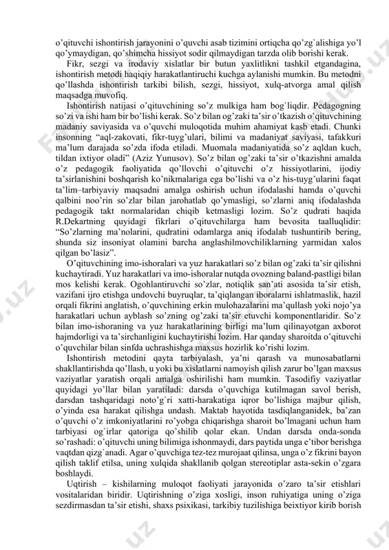 st bo’lishiga olib keladi. me’yordagi o’quvchi o’qituvchidan ba’zan tanbeh olib turishi kerak; 3) o’qituvchini aldash-bu o’quvchini o’ta aqlli va topqirligidan dalolat beradi; 4) maktab ichki tartib-qoidasini buzish faqat kuchli xarakterga ega bo’lgan o’quvchigagina xos bo’lib, u o’qituvchi tomonidan tanqid qilib turiladi; 5) haddan tashqari ko’p mehnat qilish - bu kerak bo’lmagan tirishqoqlikdir. yuqorida keltirilgan ishonchning bunday turi o’quvchida shakllanib, asta-sekin boqimandalik, o’qish va mehnat faoliyatida sustkashlik kayfiyatini sodir qiladi. soxta ishonchni bartaraf qilish uchun o’qituvchi quyidagi uch yo’nalishda ish olib borishi kerak: 1. sinf jamoasida sog`lom ijtimoiy fikrni shakllantirish. 2. muhim ahamiyat kasb etuvchi shaxsiy hayotiy tajriba yaratish. 3. soxta ishonchni asosiy tarzda inkor qilish. soxta ishonchni o’zgartirishning quyidagi usullari mavjud: 1) o’quvchini o’zini boshqalar bilan taqqoslashga undash. uning fikriga qarama-qarshi fikrda bo’lgan kishi bilan yaqindan tanishish (masalan, bola o’qishni xohlamaydi, lekin uning tanish o’rtog`i ko’p o’qiydi va biladi, ammo o’zining “quruq yodlovchi” yoki “o’ta bilimdon” qilib ko’rsatmaydi); 2) noto’g`ri …