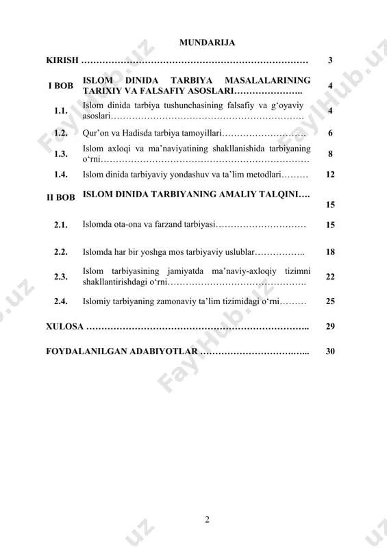 ining maqsadi islom dinining tarbiyaviy qarashlarini tahlil qilish, uning ta'lim tizimiga kiritgan yangiliklari va pedagogik g‘oyalarini o‘rganishdan iboratdir. islom dini tarbiya, ta'lim va ilmiy metodologiyaga oid g‘oyalari, uning asosiy tamoyillari va prinsiplarini chuqur o‘rganish zarur. shuningdek, islomiy tarbiya qarashlarining bugungi kunda ham ta'lim jarayonida qanday qo‘llanilishi va uning ta'lim tizimidagi o‘rni tahlil qilinadi. kurs ishining obyekti: kurs ishining obyekti sifatida islom dinining tarbiyaviy qarashlari va uning pedagogik g‘oyalari olinadi. qur'on va hadislarda bayon qilingan tarbiya prinsiplari, insonning axloqiy va ma'naviy rivojlanishiga doir qarashlari, o‘quvchilarning individual xususiyatlariga mos ta'lim berishning ahamiyati kabi masalalar o‘rganiladi. shuningdek, islomiy ta'lim metodlarining jamiyatda qanday tatbiq etilishi, tarbiya jarayonida murabbiyning o‘rni va o‘quvchilarga nisbatan ta'lim uslublarining samaradorligi tahlil qilinadi. islom dinining tarbiyaviy qarashlari nafaqat ta'lim va tarbiya, balki ilm-fan va madaniyatning rivojlanishiga ham katta ta'sir ko‘rsatgan. i bob. islom dinida tarbiya masalalarining tarixiy va falsafiy asoslari 1.1. islom dinida tarbiya tushunchasining falsafiy va g‘oyaviy asoslari islom …