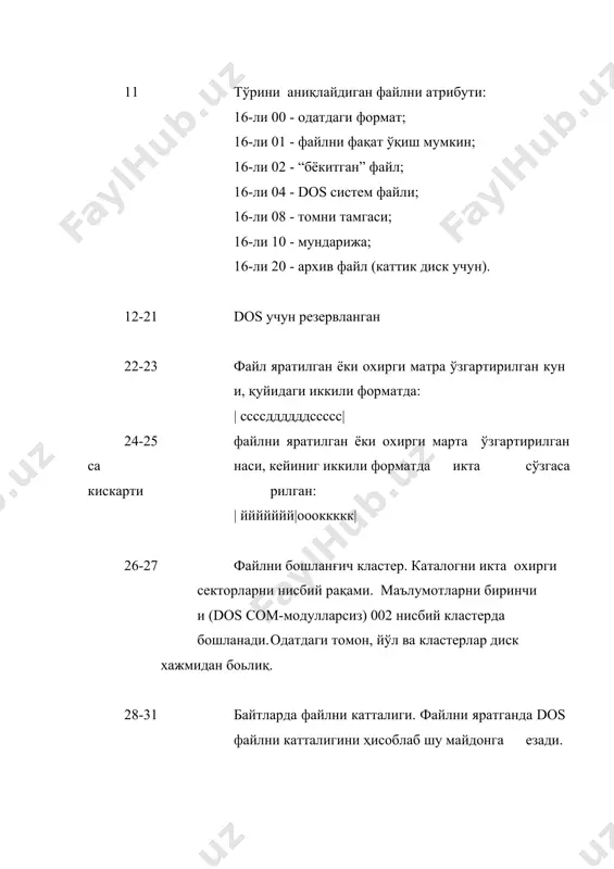 ига юклайди. 3. dos иккинчи секторни рақамини 002 нисбий секторга тегишли fat элементидан олади. тепада келтирилган диаграммадан элемент 003 ни сақлайдиганини кўрамиз. бу, файл 003 нисбий секторда давом этишини, билдиради. dos шу секторни ичидагисини асосий хотирани буферига юклаб қўяди. 4. dos учинчи секторни рақамини 003 нисбий секторга тегишли fat элементидан олади. бу рақам 004 ни сақлайди. шунинг учун файл 004 нисбий секторда давом этади. dos шу секторни ичидагисини асосий хотирани буферига юклаб қўяди. 5. 004 нисбий сектор учун fat элементи 16-ли fff ни сақлайди. бу, шу файл учун маълумотлар йўқлигини билдиради. каталог элементи ҳар бир файл учун бошланғич кластерни рақамини сақлайди, fat эса - 16-ли ҳар бир қўшимча кластерни тақсимланишига кўрсатган (бор бўлса) уч рақамли элементларни сақлайди. масалан, файл ҳамма ёзилишларини фақат биринчи кластерда сақлайдиганини кўрсатиш учун, fat жадвали биринчи нисбий кластерни кўрсатган 16-ли fff ни сақлаш керак. оддий мисол сифатида баъзи файл 15-чи нисбий кластерда бошланадиганини кўрсатган каталог элементини …