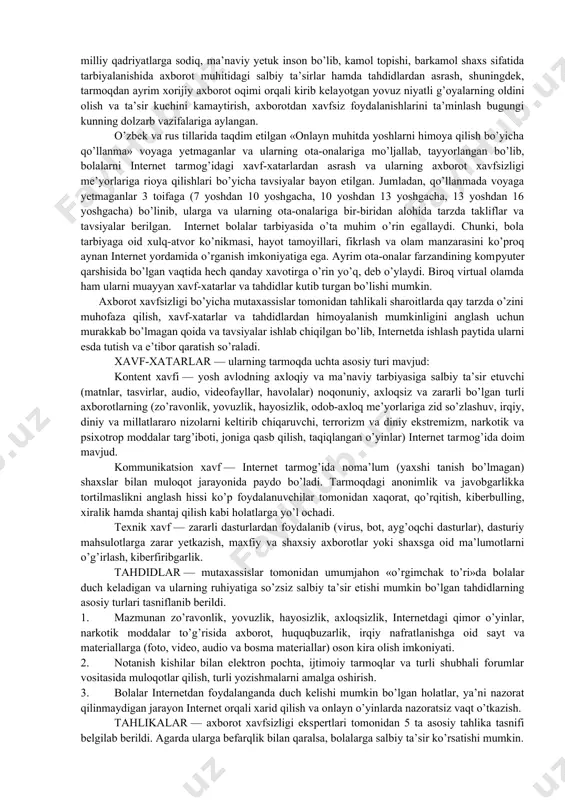a filtrlaydi, ya’ni komyuterdan foydalanuvchining ixtiyoridan tashqarida ekranda paydo bo’lishi yo’liga to’siq qo’ya oladi. demak, qanchalik harakat qilinmasin pornografik mazmunga ega saytlar internetdan foydalanuvchilarning xohish-istagidan qat’i nazar, ularning diqqatini torta oladi. jumladan, tadqiqotlarda 42 foiz bolalar va o’smirlar onlayn pornografiya ta’siriga tushishi qayd qilinadi. shuningdek, mutaxassislar ma’lumotlariga ko’ra, internet orqali tarqatiladigan komyuter o’yinlarining 49 foizi sezilarli darajada zo’ravonlik va yovuzlik ko’rinishiga ega, 41 foiz jangari (turli otishmalar va portlashlarga asoslangan) o’yinlarda esa o’yin qahramoni o’z maqsadiga yetishish uchun shunday zo’ravonlik va yovuzlik sodir etadi. 17 foiz o’yinlarda ana shu zo’ravonlik va yovuzlikning o’zi bosh maqsad hisoblanadi. internet rivoji, u berayotgan imkoniyatlar o’ziga xos qaramlikni ham keltirib chiqarmoqda. ma’lumotlarga ko’ra, dunyo bo’yicha internetdan foydalanuvchilarning taxminan 10 foizi unga mustahkam bog’lanib qolgan. manfaatdor ijtimoiy-siyosiy kuchlar internetdan g’araz maqsadlarda ham ustalik bilan foydalanilayotganini ta’kidlash zarur. mazkur masalaga birinchi prezidentimiz i.a.karimov “axloqiy buzuqlik va zo’ravonlik, individualizm, egotsentrizm g’oyalarini tarqatish, kerak bo’lsa, shuning hisobidan boylik …