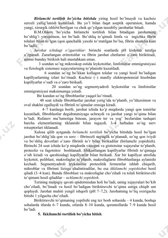 an hosil bo’lgan jarohatlarda ko’p miqdorda to’qimalar buzilgan, parchalari uzib olingan, suyaklar singan bo’lishi mumkin. o’q tekgan jarohatlar – bunday jarohatda (borst bo’yicha) uch zona kuzatiladi: 1. jarohat kanali (ichidagi ezilgan to’qima, yod jism, mikroblar, qon laxtalari bilan). 2. travmatik nekroz zonasi. jarohat kanalining bevosita o’rab turadi. 3. molekulyar tebranish yoki nekroz rezervi zonasi. bu zonadagi to’qimalar o’lmagan bo’lsada xujayralar yadrolari, sitoplazma, kollagen tolalarning tuzilishi va innervatsiya buzilgan. to’qimalarda ko’psonli qon quyilishlar kuzatiladi. zaharlangan jarohatlar (miksitlar) – zaharli ilon, chayon, qoraqurt, arilar chaqishida va jarohatga ximikatlar tushgandan hosil bo’ladilar. 4. to’qimalarning buzilish jarayoni, mikroblarning bor yoki yo’qligi va boshqa sabablar mavjudligiga ko’ra jarohatlar 3 asosiy yo’nalishlar bo’yicha bitadi. birlamchi tortilish bo’yicha bitishda yiring hosil bo’lmaydi va kuchsiz serozli yallig’lanish kuzatiladi. bu yo’l bilan faqat aseptik operatsion, hamda yangi, xirurgik ishlovi berilgan va chok qo’yilgan tasodifiy jarohatlar bitadi. b.m.olikov bo’yicha birlamchi tortilish bilan bitadigan jarohatning bo’shlig’i yoriqsimon, tor bo’ladi. bo’shliq to’qimali …