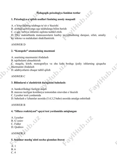 psixologiya fanidan test savollari — RTF