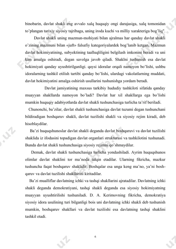 t shaklining (huquq shakli singari) qat’iyligi va aniqligi e’lon qilingan siyosiy yo’lni amalga oshirishda subyektivizm va zo’ravonlikni jiddiy cheklashi mumkin edi". shu bois - biron maqsadni ko’zlabmi yoki beixtiyor ravishdan - bilmadik, biroq sovet davri mualliflari aksariyatining asarlarida, odatda, davlat "mazmuni"ning ahamiyatini ta’kidlab, uning sinfiyligiga urg’u berilardi. holbuki, shaklsiz mazmunning ham yashay olmasligi allaqachonlardan ma’lum edi. shunga qaramay, davlat haqidagi ijobiy gaplarning hammasi beistisno uning mazmuniga nisbatan aytilardi. bunday nuqtai-nazarning asossizligini ko’rsatib va isbotlab berish uchun ushbu kategoriyani batafsil qarab chiqish kerak bo’ladi. yuqoridagilarning hammasi yuridik adabiyotlarda davlat shakli bo’yicha yagona tushunchaning yo’qligidan dalolat beradi. ayni paytda ushbu tushunchaning an’anaviy hisoblangan ta’rifi mavjud bo’lib, uni aksariyat olimlar ma’qullashadi, biz ham uni asos qilib olishni tavsiya etamiz. shunday qilib, davlat shakli deganda, uch tarkibiy qismi (yoki tomom) — boshqaruv shakli, dav​lat tuzilishi shakli va siyosiy idora usuli birlikda olingan siyosiy hokimiyat tashkiloti tushuniladi (s.a.komarov). ushbu ta’rifga e’tiroz bildirmagan holda, biz, e’tiboringizni …