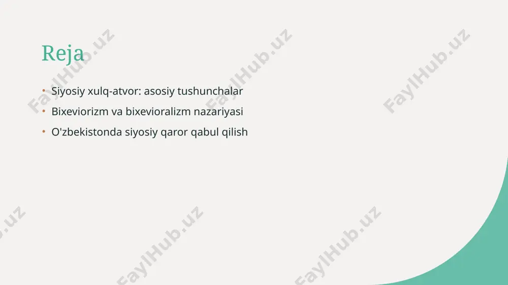 arining kompleksini o'z ichiga oladi, bu esa ijtimoiy ta'sirga bog'liq. qaror qabul qilish bixeviorizm nazariyasi, siyosiy qaror qabul qilish jarayonida xulq-atvorning qanday ro'l o'ynashini tahlil qiladi, u ijtimoiy sharoitlardan ta'sirlanadi. ijtimoiy ta'sir ijtimoiy muhit va omillar, fuqarolarning siyosiy qarorlariga sezilarli ta'sir ko'rsatishi mumkin, bu esa bixeviorizm nazariyasi doirasida o'rganiladi. o'zbekistonda siyosiy xulq-atvorning madaniy va ijtimoiy jihatlari. 1 madaniy omillar o'zbekistonda siyosiy xulq-atvor madaniy kontekstlar bilan bog'liq. o'zbek xalqining an'anaviy qadriyatlari siyosiy qarorlar va xulq-atvorni shakllantiradi. 2 ijtimoiy ta'sir o'zbekistondagi ijtimoiy guruhlar va ularning o'zaro aloqalari siyosiy xulq-atvorni belgilaydi. moliya, ta'lim va ijtimoiy tarmoq ta'siri muhim ahamiyatga ega. 3 siyosiy madaniyat o'zbekistonda siyosiy madaniyat o'ziga xos xususiyatlarga ega. fuqarolar ishtiroki, siyosiy partiyalar va harakatlar bu madaniyatni shakllantiradi hamda mustahkamlaydi. siyosiy xulq-atvor va uning psixologik asoslari. xulq-atvor tushunchasi siyosiy xulq-atvor odamlarning siyosiy hayotda qanday harakat qilishini, qarorlar qabul qilishini va ularning motivatsiyalarini belgilovchi ijtimoiy jarayondir. psixologik omillar psixologik omillar, jumladan, shaxsiy tajribalar, …