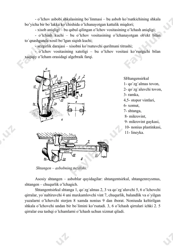 eng katta qiymati bo’lib uning ichida aniqlik normasi javob beradigan barcha ko’rsatkichlar turadi. o’lchov priborining o’lchash chegarasi, bu shu o’lchash vositasida aniqlanishi mumkin bo’lgan eng katta va eng kichik miqdor; - o’lchov asbobi shkalasining bo`linmasi – bu asbob ko’rsatkichining shkala bo’yicha bir bo`lakka ko`chishida o’lchanayotgan kattalik miqdori; - xisob aniqligi – bu qabul qilingan o’lchov vositasining o’lchash aniqligi; - o’lchash kuchi – bu o’lchov vositasining o’lchanayotgan ob'ekt bilan to`qnashganda xosil bo’lgan siqish kuchi; - sezgirlik darajasi – xisobni ko’rsatuvchi qurilmani titrashi; - o’lchov vositasining xatoligi – bu o’lchov vositasi ko’rsatgichi bilan xaqiqiy o’lcham orasidagi algebraik farqi. shtangensirkul 1- qo`zg`almas tovon, 2- qo`zg`aluvchi tovon, 3- ramka, 4,5- stopor vintlari, 6- xomut, 7- shtanga, 8- mikrovint, 9- mikrovint gaykasi, 10- nonius plastinkasi, 11- lineyka. shtangen – asbobning tuzilishi. asosiy shtangen – asboblar quyidagilar: shtangentsirkul, shtangenreysmus, shtangen – chuqurlik o’lchagich. shtangentsirkul shtanga 1, qo`zg`almas 2, 3 va qo`zg`aluvchi 5, 6 o’lchovchi qirralar, yo`naltiruvchi …
