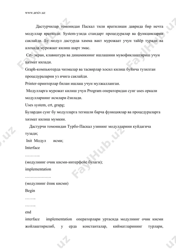 ранг нукталар-pixel лар тупламидан ташкил топган туртбурчакдан иборат булади. адаптерлар-экраннинг холатини белгилайди, улар бир-биридан экранга мумкин кадар куп нукталар жойлаштира олиш ва ранг-барангликни ошириш имконияти билан фаркланади. s v g a (super vidto grapgics fdapter) адаптери имконияти жихатидан афзалдир ва экранда 1400х800 нуктани 256 хил рангда хосил килиши мумкин. экранни график режимига утказиш учун куйидаги функциядан фойдаланамиз; initgraph (cd, gm, path); бу ерда- сd –драйвер номери, gm-режим номери, path- драйверни саклаб турувчи файлга утиш йули. агар path урнида «белги турган булса, драйвер жорий каталогидан ахтарилади. агар 0 га тенг булса, бу драйвер учун график режимини энг макбул варианти компьютер томонидан автоматик равишда танланади. 0 урнида баъзан detect константаси ишлатилади. график режимдан чикиш учун ckosegraph функцияси ишлатилади. экранда нукта ва турли хил чизикларни хосил килиш учун функциялардан фойдаланамиз; putpixcel (x,y, color)-экранда х,у координатали нуктани color рангида хосил килади. setcolor (color)-чизикларни рангини белгилайди. color га-0 дан 15 гача киймат бериб, 16 хил …