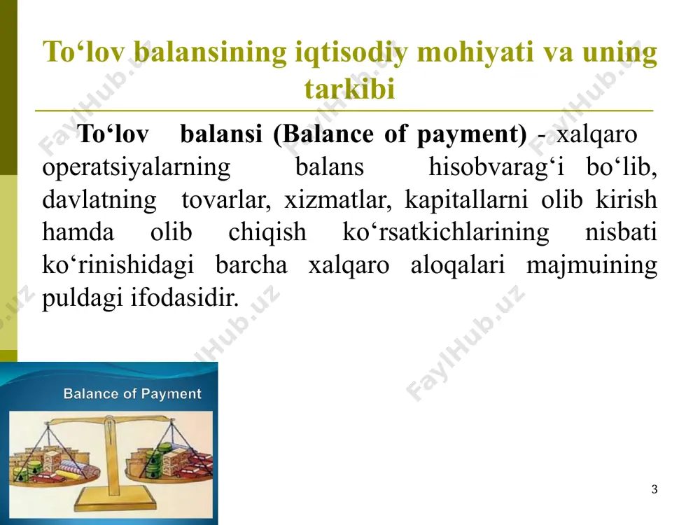 alari mavjud bo‘lmasa, u xorijdan qarz mablag‘larini jalb etishi mumkin. bu kabi qarz mablag‘larini davlatlar o‘zlarining tovarlar va xizmatlar eksportini doimiy oshirib borish orqali qoplashi mumkin. bunday holatda, bitimning savdo qismi (tovarlar va xizmatlarning mamlakatga kirib kelishi) bo‘yicha chet elliklar oldida so‘ndirishni talab qiluvchi (“-” ishorasi bilan belgilanadigan) mamlakat qarzdorligining paydo bo‘lishiga olib keladi. mamlakatga norezidentlarning kreditlarini jalb etish esa mamlakatning chet elliklar oldida moliyaviy majburiyatlarini ortishiga sabab bo‘ladi va “+” ishorasi bilan aks ettiriladi. 12 gwe qaytarmaslik sharti bilan boshqa mamlakatlarga taqdim etiladigan iqtisodiy boyliklar (mahsulotlar, xizmatlar va moliyaviy aktivlar) to‘lov balansi moddalarida ikki yoqlama yozuv tamoyili asosida qanday aks ettiriladi degan tabiiy savol paydo bo‘ladi. bu kabi operatsiyalar uchun to‘lov balansida alohida “bir tomonlama o‘tkazmalar” moddasi mavjud. masalan o‘zbekiston boshqa mamlakatdan ijtimoiy yordam sifatida 10 mln. aqsh dollari miqdoridagi mahsulotlarni oldi. 13 gwe to‘lov balansi ikkita yirik bo‘limga bo‘linadi, ya’ni joriy operatsiyalar hisobi (current account balance) bo‘limi hamda …