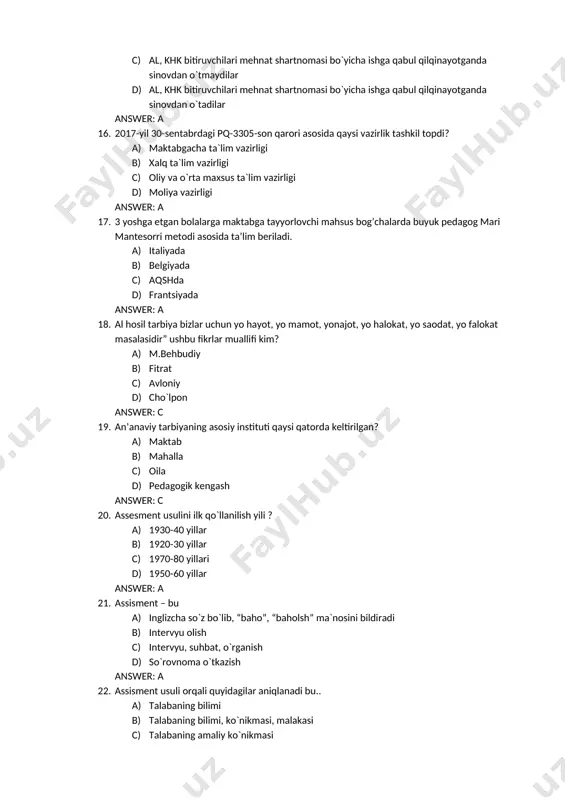 2. assisment usuli orqali quyidagilar aniqlanadi bu.. a) talabaning bilimi b) talabaning bilimi, ko`nikmasi, malakasi c) talabaning amaliy ko`nikmasi d) talabaning egallagan malakasi answer: a 23. avstraliya maktablarining qaysi sinfida o’quvchilar bir necha fanlarni chuqur o’rganishadi? a) oliy o’quv yurtiga kirish maqsadida bitiruvchi sinf o’quvchilari b) boshlang’ich sinf o’quvchilari c) 9-sinf o’quvchilari d) 10-sinf o’quvchilari answer: a 24. avstraliya o’rta maktablarining asosiy xususiyati: a) faqat akademik fanlar emas, san’at va sportga ham ko’p e’tibor beriladi b) faqat akademik fanlar o’tiladi c) bir necha fanlar tanlab o’qitiladi d) differentsial ta’lim beriladi answer: a 25. avstraliyada barcha xususiy va davlat maktablari lamning nazoratida turadi? a) shtat ta’lim tizimi departamenti b) xalq ta’limi tizimi departamenti c) o’rta ta’lim vazirligi d) oliy ta’lim tizimi vazirligi answer: a 26. avstraliyada maktab ta’limi necha yil davom etadi? a) 12 yil b) 9 yil c) 11 yil d) 10 yil answer: a 27. baloniya dekloratsiyasiga ko`ra diplomlarning …