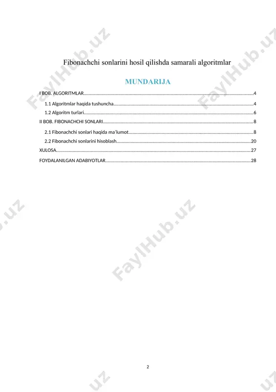 onlarni tahlil qilishda c# dasturlash tili va zamonaviy kompyuterlar. kurs ishining predmeti: c# dasturlash tilida fibonachchi sonlarini hisoblash daturlarini tuzish. i bob. algoritmlar 1.1 algoritmlar haqida tushuncha har bir insonning hayotida sodda yoki murakkab bo’lgan ko’plab masalalar uchrab turadi. bu masalalarni ma’lum qoida va instruksiyalarga asoslangan holda yechish mumkin. algoritm tushunchasini keng ma’noda tahlil qilish mumkin. masalan, biror manzildan boshqa manzilga borish uchun shahar transportidan foydalanib qanday borish mumkin, degan savolga biz ma’lum algoritm tavsiya qilishimiz mumkin. pazandalik kitobida, masalan, palovni pishirish qoidasi keltiriladi. bu ham o’ziga xos algoritm hisoblashlar ishlanadigan masala algoritmini biz hisoblash algoritmi deymiz. biz asosan hisoblash algoritmlari haqida so’z yuritamiz. ko’pgina masalalarni yechishni inson texnik qurilmalar-avtomatlar, elektron hisoblash mashinalari, robotlarga topshirishi mumkin. ikkala holda ham qo’yilgan masalani yechish uchun avval uning algoritmini tuzish zarur. algoritm deb, qo’yilgan masalani yechishga qaratilgan amallar ketma-ketligini bajarish uchun tushunarli va aniq ko’rsatmalarni berishga aytiladi. algoritm so’zi arifmetik amallarni bajarish qoidalarini …