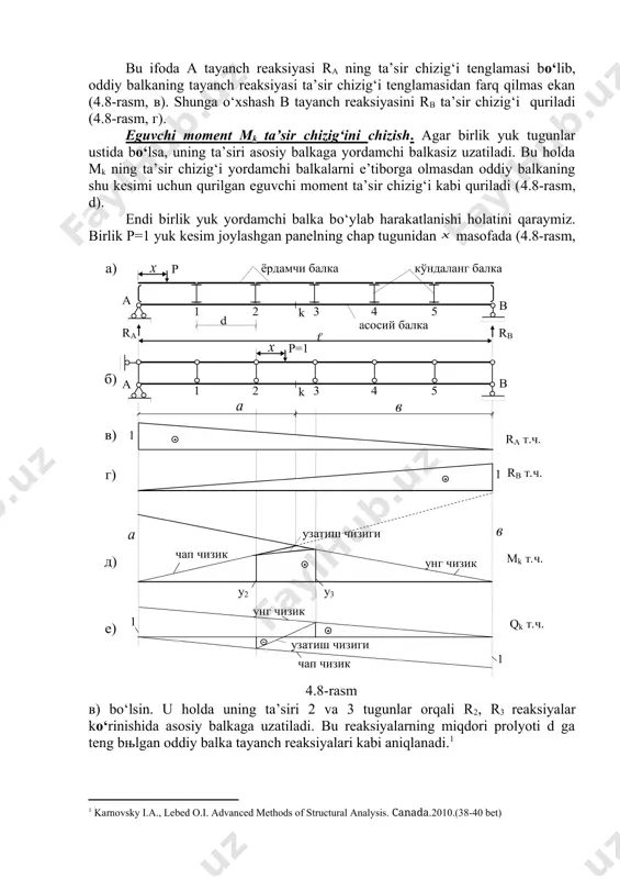lka bo‘ylab harakatlanishi holatini qaraymiz. birlik p=1 yuk kesim joylashgan panelning chap tugunidan masofada (4.8-rasm, в) bo‘lsin. u holda uning ta’siri 2 va 3 tugunlar orqali r2, r3 reaksiyalar ko‘rinishida asosiy balkaga uzatiladi. bu reaksiyalarning miqdori prolyoti d ga teng bњlgan oddiy balka tayanch reaksiyalari kabi aniqlanadi.[footnoteref:2] [2: karnovsky i.a., lebed o.i. advanced methods of structural analysis. canada.2010.(38-40 bet)] bu erda bo‘ladi. r2 va r3 reaksiyalar ta’siridan balkada hosil bo‘lgan mk zo‘riqishning miqdori (4.9) formulaga asosan aniqlanadi. mk = p2 y2 + p3 y3 bunga p2 va p3 ning yuqoridagi qiymatlarini qo‘ysak, mk quyidagi ko‘rinishni oladi. (a) (a) ifoda ga nisbatan to‘g‘ri chiziqning tenglamasidir. agar bo‘lsa, mk = ga teng bo‘ladi, agar bo‘lsa, mk = bo‘ladi (4.8-rasm, d). demak, birlik (p=1) kuch 2 va 3 tugunlar oralig‘ida harakat qilganda k kesimdagi mk ta’sir chizig‘i to‘g‘ri chiziq bo‘ladi. u holda, va ordinatalarni to‘g‘ri chiziq orqali birlashtiramiz. bu birlashtiruvchi to‘g‘ri chiziq uzatish …