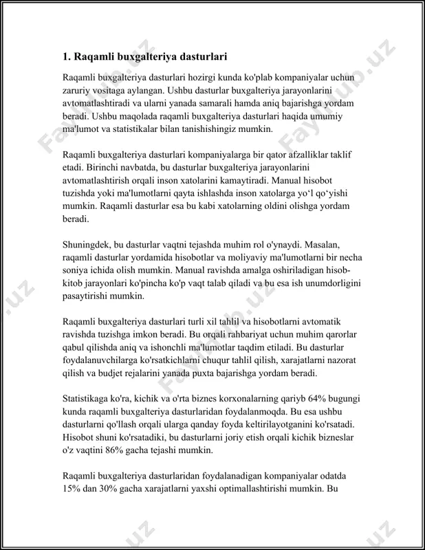 arayon bo'lib, moliyaviy ma'lumotlarni samarali va tezkor ravishda yig'ish, tahlil qilish hamda ishlab chiqishda yordam beradi. ushbu jarayon, odatda, kompyuter dasturlari va maxsus dasturiy ta'minotlar yordamida amalga oshiriladi. keling, quyida ushbu jarayon haqida kengroq ma'lumot beramiz. avtomatlashtirilgan moliyaviy hisobotlar yordamida korxonalar qo'lda ishlash zafarliklaridan qutulishi mumkin. an'anaviy usullar bilan solishtirganda, avtomatlashtirish jarayoni ma'lumotlarning to'g'riligini va ishonchliligini oshiradi. jahon bankining ma'lumotlariga ko'ra, rivojlanayotgan mamlakatlarda qo'lda hisobot tayyorlash jarayoni korxonalar uchun yiliga o'rtacha 240 dan 280 soatgacha vaqtni oladi. bu esa o'z navbatida xodimlar vaqtini va korxonangiz resurslarini tejash imkonini beradi. 2020-yilda olib borilgan tadqiqotlarga ko'ra, moliyaviy hisobotlarni avtomatlashtirish orqali xatoliklarning 30% dan ortiq qismini bartaraf etish mumkin. boshqa bir tadqiqotda, xatolar soni avtomatlashtirilgan tizimlar yordamida 47% gacha kamayishi mumkinligi qayd etilgan. bu holat korxonalarning moliyaviy xatolar tufayli yuzaga kelishi mumkin bo'lgan yo'qotishlardan himoyalanish imkoniyatini oshiradi. avtomatlashtirish dasturlari o'rtacha 50 dan ortiq turli xil moliyaviy ko'rsatkichlarni real vaqt rejimida tahlil qilib, boshqaruvga …