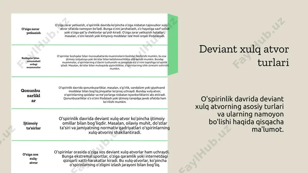 lab-quvvatlash guruhlari. tahdidlar: - salbiy muhit. - ijtimoiy tengsizlik. xulosa deviant xulq atvor ijtimoiy muhitdan sezilarli ta'sir ko'rsatadi. oilaviy, do'stlik va jamiyat omillari o'spirinlarning xulq-atvorini shakllantirishda muhim ahamiyatga ega. o'spirinlik davrida deviant xulq atvor misollari o'spirinlar o'rtasida deviant xulq atvorining namoyon bo'lishi bir necha muhim misollar bilan ifodalanadi: - giyohvand moddalar iste'moli: o'spirinlar orasida giyohvand moddalarga qiziqish keng tarqalgan. statistikaga ko'ra, o'spirinlarning 20% giyohvand moddalardan foydalanishga urinishadi, bu esa ularning psixologik va jismoniy salomatligiga zarar etkazishi mumkin. - jinoiy faoliyat: ba'zi o'spirinlar jinoiy faoliyatlarga kirishadi, masalan, o'g'irlik yoki vandalizm. o'zbekistonda jinoiy faoliyatga jalb qilingan o'spirinlar soni 15% ga oshgan, bu esa ijtimoiy muammolarni keltirib chiqaradi. - ijtimoiy izolyatsiya: o'spirinlar ba'zida ijtimoiy izolyatsiya va yolg'izlikni his qilishadi. tadqiqotlar shuni ko'rsatadiki, izolyatsiyaga uchragan o'spirinlar o'zlarini baxtsiz his qilishadi. ushbu misollar o'spirinlik davrida deviant xulq atvorning qanday namoyon bo'lishini ko'rsatadi va bu masalalar jiddiy e'tiborni talab qiladi. o'spirinlik davrida deviant xulq atvorning namoyon …