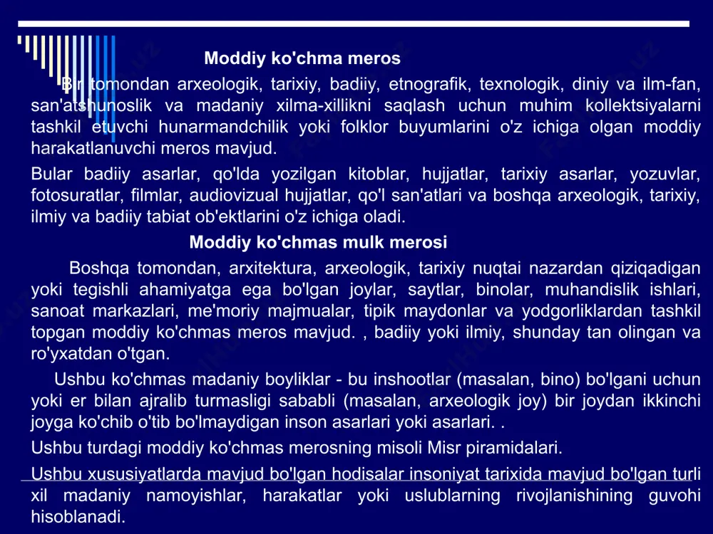 boshqacha qilib aytganda namoyish etishga (hoh u sahnada bo'lsin, hoh maydonda, hoh kichik davrada) mo'ljallangan janrlar ijrochilik san’ati tarkibiga kiritiladi jamiyatning urf-odatlari, marosimlari, bayramlari asosan inson va jamiyat ular bog’liq urf-odat, marosim va bayramlar tushuniladi. inson tug’ilishi va hayotining nihoyasigacha bo’lgan davr bevosita urf-odat, marosim va bayramlar bilan bog’liq. bu tushunchalar insonlarni bir-birga yaqinlashtirib, ularni jamiyat bilan bog’lab kelgan. bunday urf-odat va marosimlar qatoriga chaqaloq tug’ilishi bilan marosimlar, uning voyaga yetishi yosh davrlari hayotiy faoliyati bilan bog’liq ( beshik to’y, sunnat to’y, muchal to’y, nikoh marosimlari), inson mehnat faoliyati, dehqonchilik bilan bog’liq marosimlar umuman olganda insonni jamiyat va tabiat bilan bog’lovchi barcha urf-odat, marosim va bayramlarimiz kiradi. * tabiat va koinotga oid bilim va urf-odatlar yig'indisi bunda inson va tabiat birlashadi. insonlar ming yillar mobaynida tabiat sir-sinoatlarini bilishga harakat qilishgan. bu ular uchun farovon turmush garovi, kelgusi ishlarining samarasi hisoblangan. o’z navbatida tabiatdan olgan bilimlarini avloddan-avlodga o’tkazib kelishgan. bunday bilimlar …