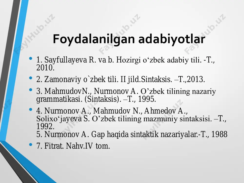 i birikma. hokim a’zoning morfologik xususiyatiga ko‘ra • otli birikma • -ot+ot: • ot+sifat: • son+ot: • olmosh+ot: • ot+son: • ot+olmosh: • ot+taqlid so‘z... • fe’lli birikma • ot+fe’l • ravish+fe’l tuzilishiga ko‘ra so‘z birikmasi ikki xil bo‘ladi: 1. sodda birikma. 2. murakkab birikma. savollarga javob bering • sintaksis predmeti nima? • sintaksisning morfologiya bilan aloqasi nimada ko‘rinadi? • sintaksisning morfologiya bilan aloqasi haqida gapiring. • sintaktik birlik deganda nima tushuniladi? • so‘z birikmasi sintaktik birlik sifatida. • gap sintaktik birlik sifatida. • matn sintaksisi haqida gapiring. • sintaktika-semantika-pragmatika munosabati haqida gapiring. • sintaksis qanday tarkibiy qismlardan iborat? • propozitsiya nima? e’tiboringiz uchun rahmat !