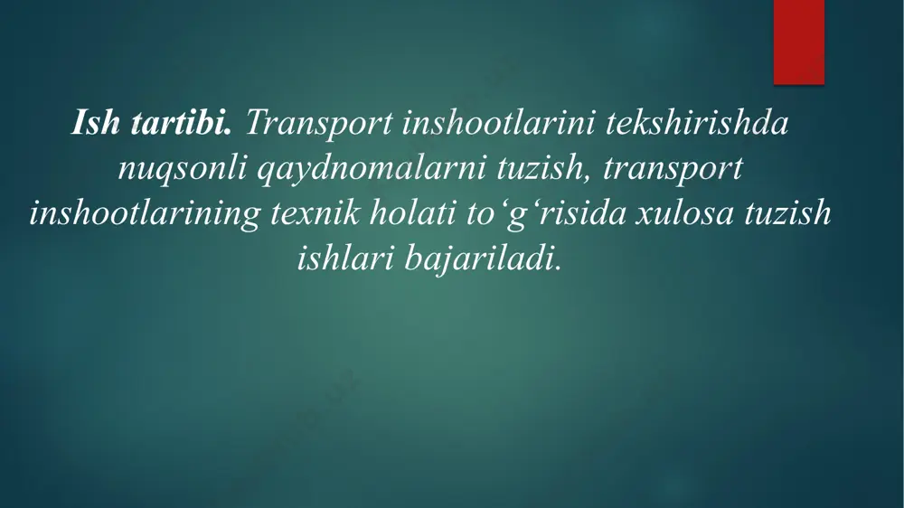 moriy-tarhlov yechimlarining va asosiy yuk kо‘taruvchi konstruksiyalarning qisqacha ta’rifi; obyektdagi ishlab chiqarish texnologiyasi, foydalanish shart-sharoitlari, muhitning tajovuzkorligi va h.k.; barcha konstruksiyalarning tabiiy tekshiriluv natijalari, oshkor qilingan asosiy nuqsonlar, ularning sabablari va ehtimoliy oqibatlari; obyektning tekshiruvlari hamda tekshiruv hisob-kitoblari kim tomonidan va qachon bajarilganligi; konstruksiyalar materiallarining mustahkamlik tavsiflari; konstruksiyalarga tushayotgan haqiqiy yuklar haqida ma’lumot; haqiqiy hisobiy sxemalar, yuklar, nuqsonlar va kesimlarning kuchsizlanishi va h.k. larni e’tiborga olib konstruksiyalarni tekshiruv hisoblarining natijalari; asosiy konstruksiyalarning yuk kо‘tarish qobiliyati tо‘g‘risida xulosalar va odamlar xavfsizligini ta’minlash bо‘yicha birinchi navbatdagi chora-tadbirlar. konstruksiyalarni ta’mirlash va kuchaytirish bо‘yicha obyekt ustidan bundan keyingi nazoratning zarurati tо‘g‘risida va h.k. tavsiyalar. xulosaning sanab о‘tilgan bо‘limlar orasida inshoot konstruksiyalarining yuk kо‘tarish qobiliyati tо‘g‘risidagi savol eng muhimidir. unga javobni obyektning zamini va konstruksiyalarining yuk kо‘tarish qobiliyatini, tekshiruv natijalaridan foydalanib, tekshiruv hisoblarini о‘tkazish natijasida olinadi. har bir muayyan holatda, huddi tekshiruv dasturi kabi, xulosaning strukturasiga bundan buyon obyektning qurilishini loyihalaydigan yoki rekonstruksiyasi bilan shug‘ullanadigan …