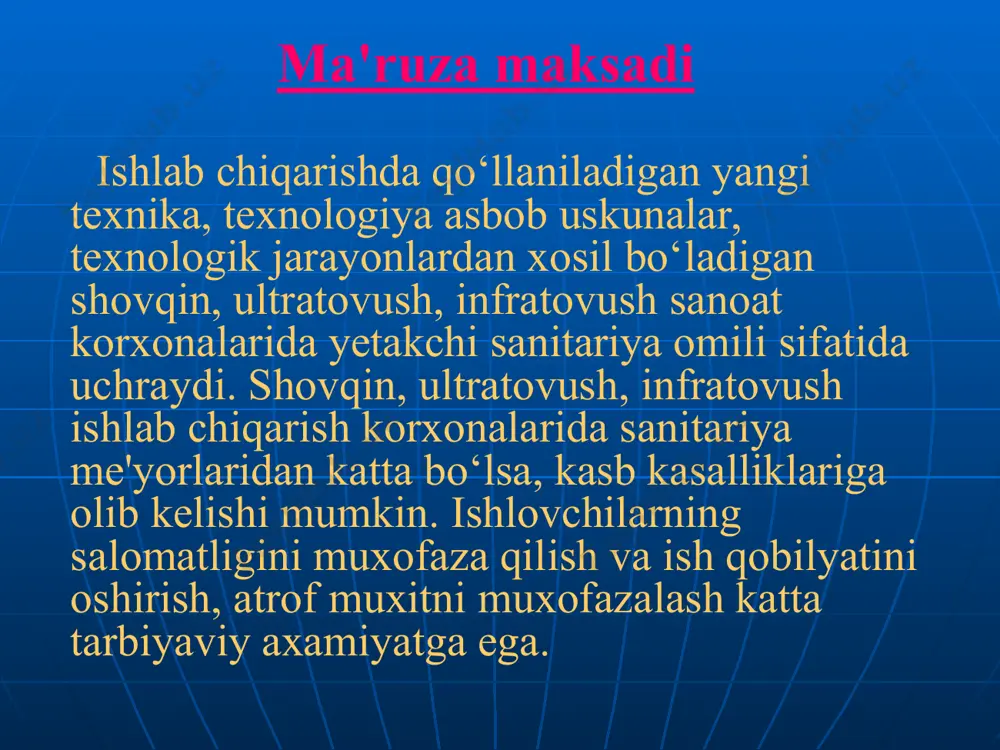 rajasi shovqin o‘lchagichninig sekin rejmida o‘lchaganda 5dbdan ortik o‘zgarmasa; doimiy bo‘lmagan - agar shovqining 8 soatlik ish kuni davomidagi darajasi shovqin o‘lchagichninig sekin rejimida 5db dan ortiq o‘zgarsa. doimiy bo‘lmagan shovqin o‘z navbatida quydgilarga bo‘linadi : tebranuvchi shovqinni tovush darajasi vaqt davomida to‘xtovsiz o‘zgarib turadi. uzilib turuvchi shovqin-tovush darajasi bosqichli ravishda (5dbadan ko‘p) o‘zgarib turadi. bunda shovqin darajasi doimiy bo‘lib turadigan vaqt oralig‘i 1sekund va undan ko‘p bo‘ladi. ishlab chiqarishda shovqin darajasi katta oraliqda o‘zgarib turadi, ayrim operatsiya paytida ancha yuqori ko‘rsatkichlarga yetadi. chunonchi zamonaviy pilashkalar dastgoxlarda ishlanganda 76—78 dba, detalarninig shtammlashda 90-110 dba, parchalash –120dba gacha tashkil qiladi . shovqinning organizmiga ta'siri. shovqinni ishchilar organizmiga ta'siri uning chastotasi kuchi va vaqt ko‘rsatgichlar ta'sirining doimiyligi bilan o‘lchanadi. chastata qancha yuqori bo‘lsa uning biologik ta'sirining namoyon bo‘lishi xam shunchalik jadallik bilan bo‘ladi. shovqin nafas olish va yurak qon bosmiga ta'sir qiladi. ayrim xollarda oshqozonning xarakat va sekretor foliyatiga endokrin sistemasiga ta'siri …