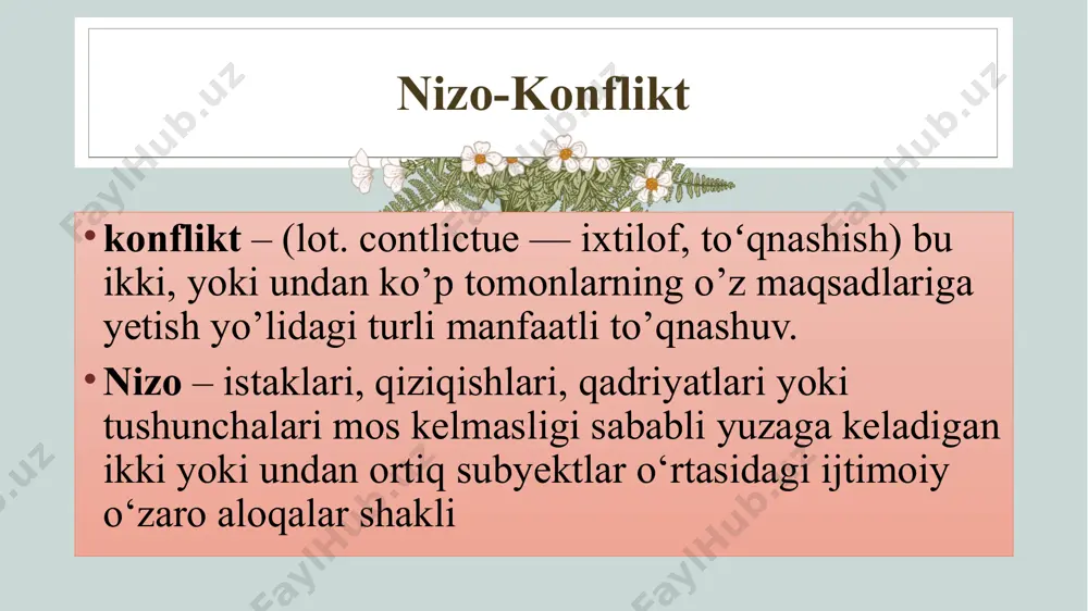 lda xulq-atvorning kompromiss yo’li - bu konfliktni to’xtatishning eng yaxshi usulidir. konform tip. konflikt faqat bir tomondan iborat bo’la olmaydi. konfliktda, uning qanchalik murakkab bo’lishiga qaramay, har vaqt ikki tomon – buzg’unchilik va yaratuvchanlik mavjud bo’ladi. xitoyliklar fikricha, konflikt ikki asosiy tushunchadan: vayron etish va yaratuvchanlikning yaxlitligi, yagonaligidan iboratdir. yan (ijobiy) va in (salbiy) olamdagi rang baranglik asosida vujudga keladigan birlikni tashkil etuvchi omillar hisoblangan. tabiatdagi yorug’lik va qorong’ulik, nur va og’u, yumshoqlik va qattiqlik, tosh va suv, ayol va erkak, kun va tun, osmon va yer, quyosh va oy, issiq va sovuq, yaxshilik va yomonlik kabi qarama-qarshiliklar muvozanati tabiiy bo’lib, ularni o’zaro qaramaqarshi qo’yish emas, ularni o’z holicha qabul qilish kerak konfliktning yaratuvganlik imkoniyati yashirin imkoniyatlar va muammoning yangi qirralarining ochilishiga sabab bo’ladi; muammo yechimining yangi yo’l-yo’riqlari, imkoniyatlari va usullarini kashf etadi; ishonch, samimiylik, hamkorlik va haqiqatni tan olishga qaratilgan yangi munosabatlar qurilishiga sabab bo’ladi; odamlarni umumiy g’oyalar asosida …