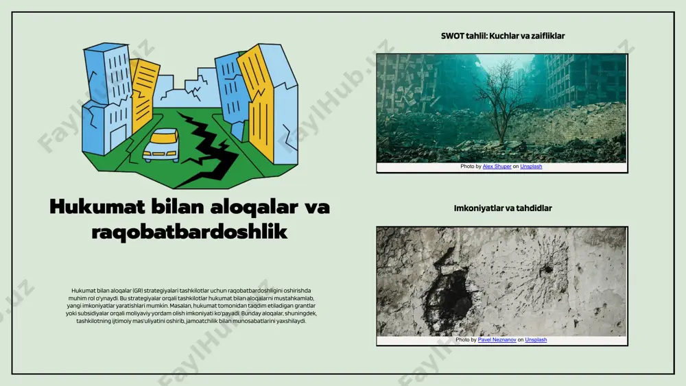 dir. gr strategiyalarini amalga oshirish orqali tashkilotlar davlat siyosati va qonunlariga mos ravishda o'z faoliyatini olib borishlari mumkin. misol uchun, ko'plab kompaniyalar o'zlarining gr strategiyalarini ishlab chiqib, hukumat tomonidan qo'llab-quvvatlanadigan tashabbuslarni amalga oshiradilar. swot tahlili yordamida tashkilotlar o'z kuchli va zaif tomonlarini aniqlab, yangi imkoniyatlar va tahdidlarga qarshi strategiyalarini ishlab chiqishlari mumkin. gr menejmenti innovatsiyalarni rag'batlantiradi hukumat bilan aloqalar (gr) menejmenti tashkilotlarda innovatsiyalarni qo'llab-quvvatlash va rag'batlantirishda muhim ahamiyatga ega. bu jarayon innovatsion muhitni yaratish, xususan, tashkilot ichida ijodkorlikni rivojlantirish va zamonaviy texnologiyalarni joriy etish imkonini beradi. hukumatning innovatsiyalarga qo'shgan hissasi, moliyaviy va boshqa resurslar bilan ta'minlanishida ko'rinadi. tashkilot ichida innovatsion muhit hukumatning innovatsiyalarda roli hukumat innovatsiyalarni qo'llab-quvvatlashda muhim rol o'ynaydi gr menejmenti orqali innovatsiyalarni qo'llab-quvvatlash gr menejmenti va tashkilotlararo hamkorlik gr menejmenti, tashkilotlararo hamkorlikning muvaffaqiyatli amalga oshirilishi uchun zaruriy vosita sifatida xizmat qiladi. u raqobatbardosh tashkilotlar o'rtasidagi aloqalarni mustahkamlashga yordam beradi va resurslarni samarali taqsimlash imkoniyatini yaratadi. tashkilotlar o'rtasida sifatli …
