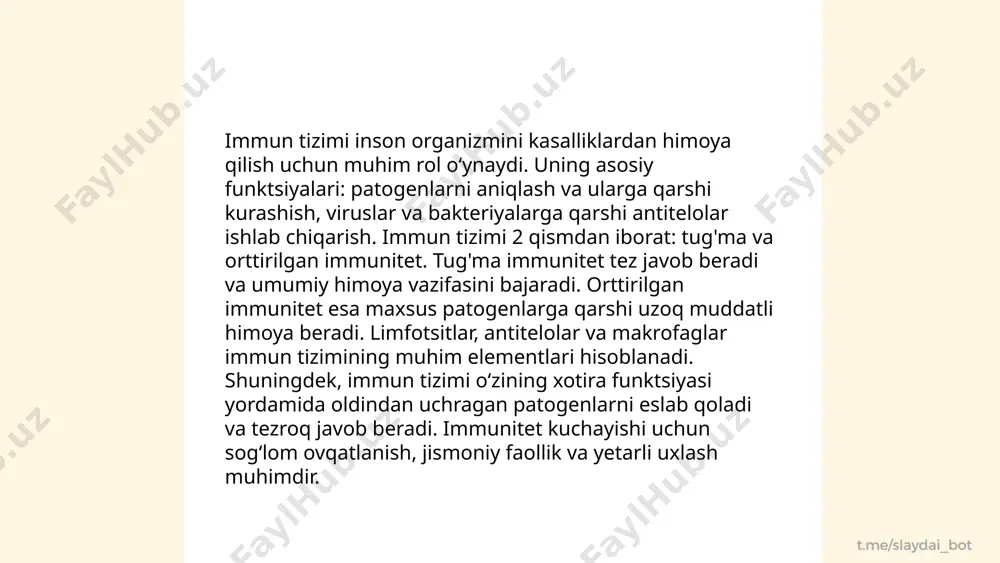 ar, bakteriyalar va o'sma hujayralariga qarshi immun javobni tashkil qiladi. shuningdek, limfa tizimi yog'larni singdirib va tashqariga chiqarib, ovqat hazm qilishda ishtirok etadi. ... t.me/slaydai_bot oqsil va antitelalarni sintezlaydigan hujayralar inson immun tizimining muhim qismidir. ushbu jarayon asosan plazma hujayralari orqali amalga oshiriladi, ular esa b-limfotsitlar deb ataladigan oq qon hujayralaridan kelib chiqadi. plazma hujayralari antigenlarni tanib olib, ularga qarshi antitelalar ishlab chiqaradi. odatda bir plazma hujayra son-sanoqsiz antitela molekulalarini ishlab chiqaradi, bu esa organizmni infeksiyalardan himoya qilish uchun zarurdir. oqsillar sintezi esa turli xil hujayralarda ribosomalar tomonidan amalga oshiriladi va hujayraning yashashi, rivojlanishi hamda ixtisoslashishida katta rol o'ynaydi. oqsil sintezi jarayoni dnkda shifrlangan genetik kodga asoslanadi va u transkripsiya hamda translatsiya bosqichlari orqali amalga oshiriladi. organizmning immun tizimi niyazova dilnoza e'tiboringiz uchun raxmat! image1.png image2.png image3.png /docprops/thumbnail.jpeg