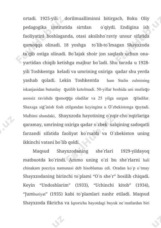 ham yaratdi. shayxzoda umrining so`ngida yozishga kirishgan, lekin tugatib ulgurmagan ulgurmagan “beruniy” dramasini hisobga olmaganda ham uning “jaloliddin manguberdi” va “mirzo ulug’bek” dramalari allaqachon xalqimizning badiiy mulkiga aylanib qolgan. “jaloliddin manguberdi” dramasi 1944-yilda yozib tugatildi va 1945-yilda hamza nomidagi milliy akademik teatrda namoyish qilindi. o`sha davr tanqidchiligi asarga yuqori baho berdi. “ko`pdan beri uzun umrim badiiy salmoqdor sahna, asarlarini orzu qilar edik. “jaloliddin” bu orzumizga javob berishga qodir”, - deb yozilgan edi. oybek bilan g`afur g`ulom. 1946-yilgacha dramadan ayrim parchalar “armug`on” to`plamiga bosilgan. shundan keyin 43-yil davomida asar tilga olinadi. faqat qayta qurish va oshkoralik chuqur tomir yoygan 1988-yildagina “jaloliddin manguberdi” birinchi marta o`zbek tilida “boqiy dunyo” degan kitobida to`la bosilib chiqdi. ammo maqsud shayxzoda asarning chop etilganligini ko`rmay olamdan ko`z yumdi. jaloliddin manguberdi-tarixiy shaxs (1196-1231). xorazm shohi muhammadning o`g`li. jaloliddin mo`g`il qo`shinlariga qaqshatqich zarbalar bergan, vatan ozodligi uchun kurashlar olib borgan, lekin kuchlar teng bo`lmagani bois chekingan. 1231-yilda qaroqchi …