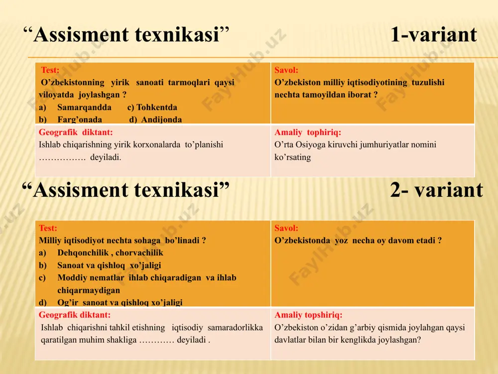 ir koni mavjud. ulardagi ko`mir zahirasi 2 mlrd tonnani tahkil etadi. dastlabki ko`mir angren konidan 1950-yillarda qazib olingan. ko`mir koni yer sirtiga yaqin joylashgan. unda ko`mirning 9/10 qismini ochiq usulda qazib olinmoqda. ochiq usulda har bir shaxtyorning qazib oladigan ko`miri shaxta usulida qazib olinadigandan 6 barobar unumli bo`ladi. shu bilan birga, karyer(havza) qancha katta bo`lsa, xarajat shuncha kam bo`ladi. angren ko`miri sifati past-qo`ng`irk o`mirdir. shunday bo`lsa-da, o`zbekistondagi boshqa ko`mir konlaridagiga karaganda ko`mir zahirasi katta hamda iste`molchiga yaqin va yuza joylashganligidan ko`mir qazib chiqarish oshdi. ko`mirning asosiy qismi kon yaqinidagi iesda ishlatiladi. bir qismi esa yer ostida gazga aylantiriladi. surxandaryo viloyatining sariosiyo tumanida 1950-yili shar`gun ko`mir koni ishga tushdi. kondagi ko`mir yuqori sifatli toshko`mir bo`lib, shaxta usulida qazib olinadi. ko`mirning maydasi qazib olingan joyda briket qilinadi. briket – ko`mir kukunini bosim ostida yoki yopishqoq moddaga aralashtirib zoldir shakliga keltirilgan mahsulot. (videorolik) mustaqil ish: 1-variant 2-variant gaz neft iv. mustahkamlash: baliq skletida …