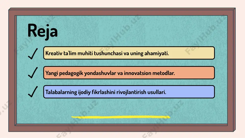 ta'lim muhitining kelajagi kreativ ta'lim muhitining rivojlanish istiqbollari texnologik innovatsiyalar va pedagogik yondashuvlarning integratsiyasi bilan bog'liq. sun'iy intellekt va raqamli vositalar yordamida o'quv jarayonlarini shaxsiylashtirish va interaktivligini oshirish mumkin. innovatsion yondashuvlar sifatida gamifikatsiya, virtual haqiqat va hamkorlik platformalari keng qo'llanilmoqda. bu usullar o'quvchilarning motivatsiyasini oshiradi va kreativ fikrlashni rivojlantiradi. ta'lim tizimida kreativlikni oshirish strategiyalari orasida loyiha asosida ta'lim, muammo yechish metodlari va ijodiy fikrlashni targ'ib qilish muhim o'rin tutadi. bu yondashuvlar yoshlar uchun yangi imkoniyatlar ochadi. yangi pedagogik yondashuvlar innovatsion pedagogik usullar, masalan, loyiha asosida o'qitish, muammo muhokamasi va hamkorlikda ta'lim, ijodkorlik va asosiy kompetentsiyalarni rivojlantirishda muhim rol o'ynaydi. bu usullar shaxsiylashtirilgan ta'limni ta'minlaydi. yangi yondashuvlar, masalan, faol o'qitish va talabalar markazli ta'lim, motivatsiya va ta'lim samaradorligini oshiradi. ular o'qituvchilar va o'quvchilarning rollarini yangilab, ta'lim jarayonini yanada samarali qiladi. 1 2 innovatsion metodlar innovatsion metodlar ta'limda yangi yondashuvlar va texnologiyalarni qo'llashni anglatadi. ular o'quv jarayonini qiziqarli va samarali qilishda muhim …