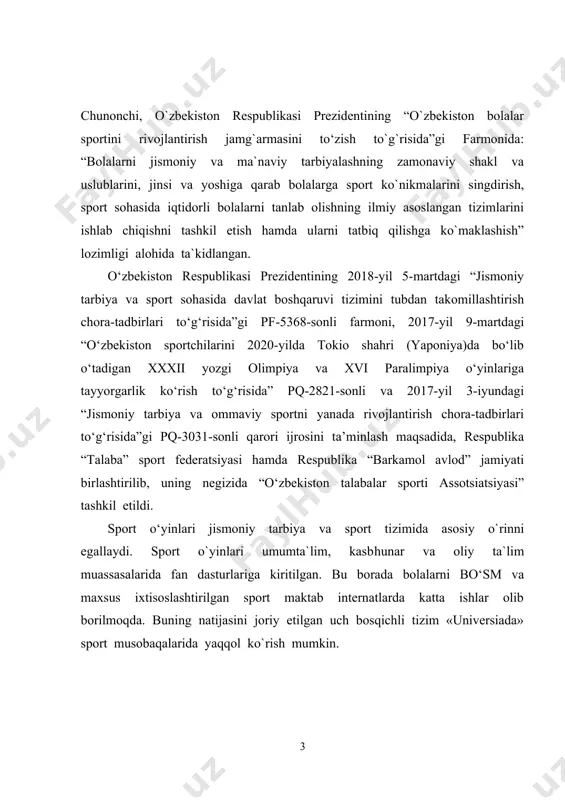 i va hakamlik qilish uslubi, o‘yin jarayonini tartibga solish va adolatli o‘yin muhitini ta'minlash maqsadida muhim ahamiyatga ega. kurs ishining ob’ekti: futbolchilarning amaliy tayyorgarlik mashg‘ulotlari va to`garak mashg`ulotlari. kurs ishining predmeti: yosh futbolchilarning tezkorlik sifatlarini rivojlantirish nazariyasi usul va uslublari kurs ishining vazifalari: kurs ishi mavzusiga oid ilmiy-metodik adabiyotlarnim, darslik, o`quv qo`llanmalarni o`rganish, tahlil qilish va umumlashtirish; i.bob.futbolchilarni tarbiyalashning umumiy pedagogik asoslari. 1.1. futbolchilarni tarbiyalashning maqsad va vazifalari. futbolchilarni tarbiyalashning maqsad va vazifalari mavzusi, sport tarbiyasining asosiy tamoyillaridan biridir. futbolchilarni tarbiyalash jarayoni o‘z ichiga nafaqat jismoniy rivojlanish, balki psixologik, axloqiy, ijtimoiy va intellektual rivojlanish hamda sport mahoratining oshirilishini ham oladi. bu jarayon, o‘yinchilarning individual va jamoaviy sifatlarini shakllantirishga, ularning psixologik va jismoniy salohiyatini maksimal darajada rivojlantirishga yo‘naltirilgan.futbolchilarning tarbiyalashning maqsadi nafaqat jismoniy tayyorgarlikni oshirish, balki ularni to‘g‘ri axloqiy qadriyatlar va ijtimoiy mas'uliyatlarni o‘rgatishdir. har bir futbolchi o‘zining texnik va taktik ko‘nikmalarini oshirib borishi, shuningdek, o‘yin davomida to‘g‘ri qarorlar qabul qilish, jamoaviy …